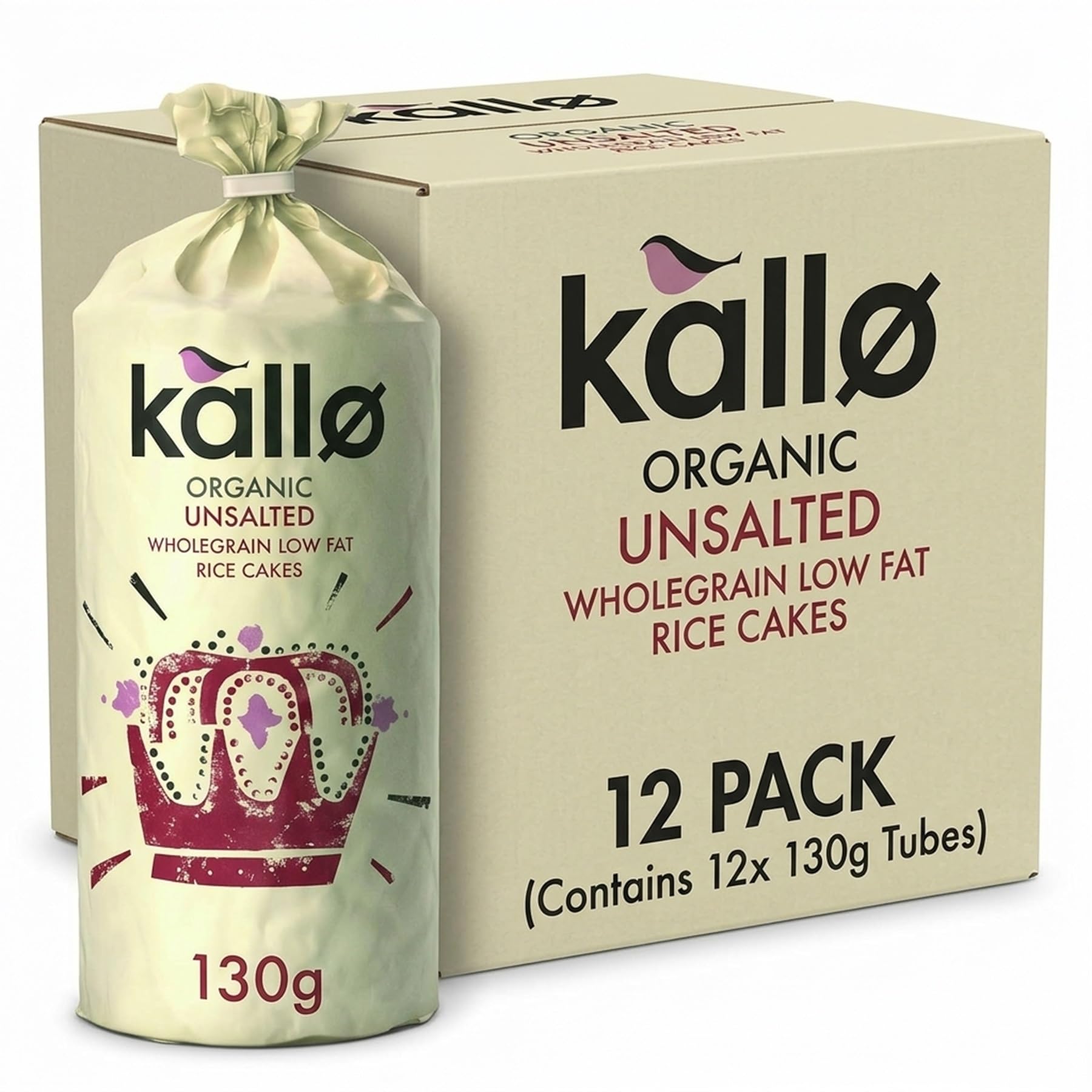 Kallo Organic Unsalted Wholegrain Rice Cakes - 130g Pack of 12 1