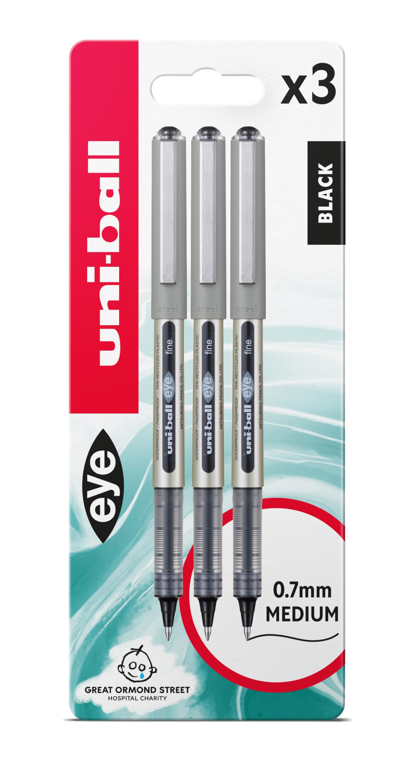 uni-ball Eye Rollerball Pen - 0.7mm Fine Tip, Black Ink | Liquid Ink | Pack of 3 1