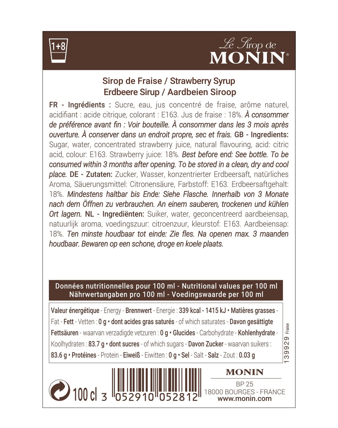Monin Strawberry Syrup 1L - Premium Beverage Syrup for Cocktails, Mocktails & Milkshakes