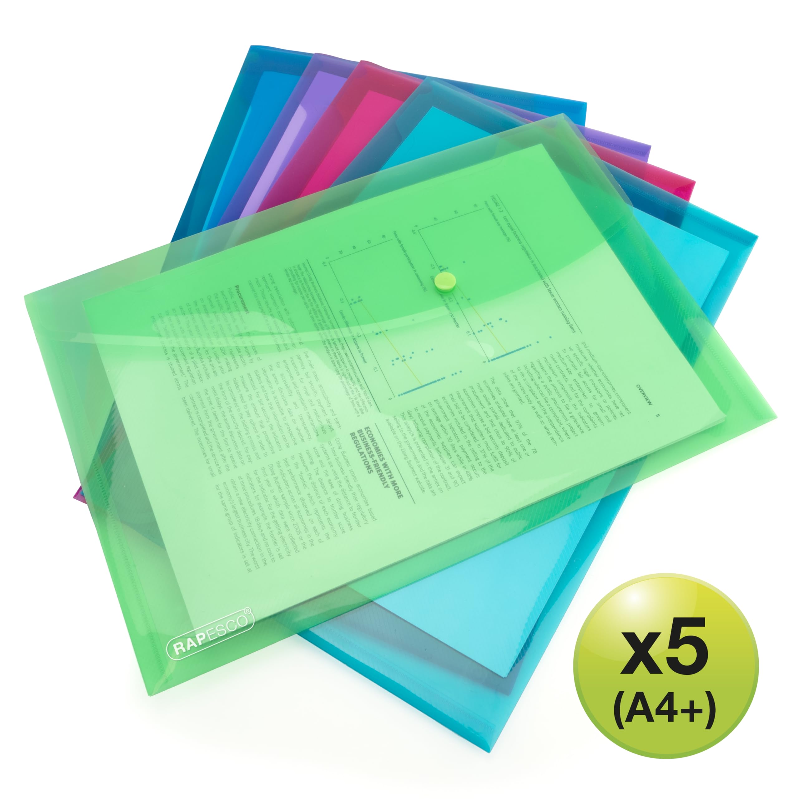RAPESCO 1839 ECO Recycled Popper Wallets - A4+, Assorted Bright Transparent, Pack of 5