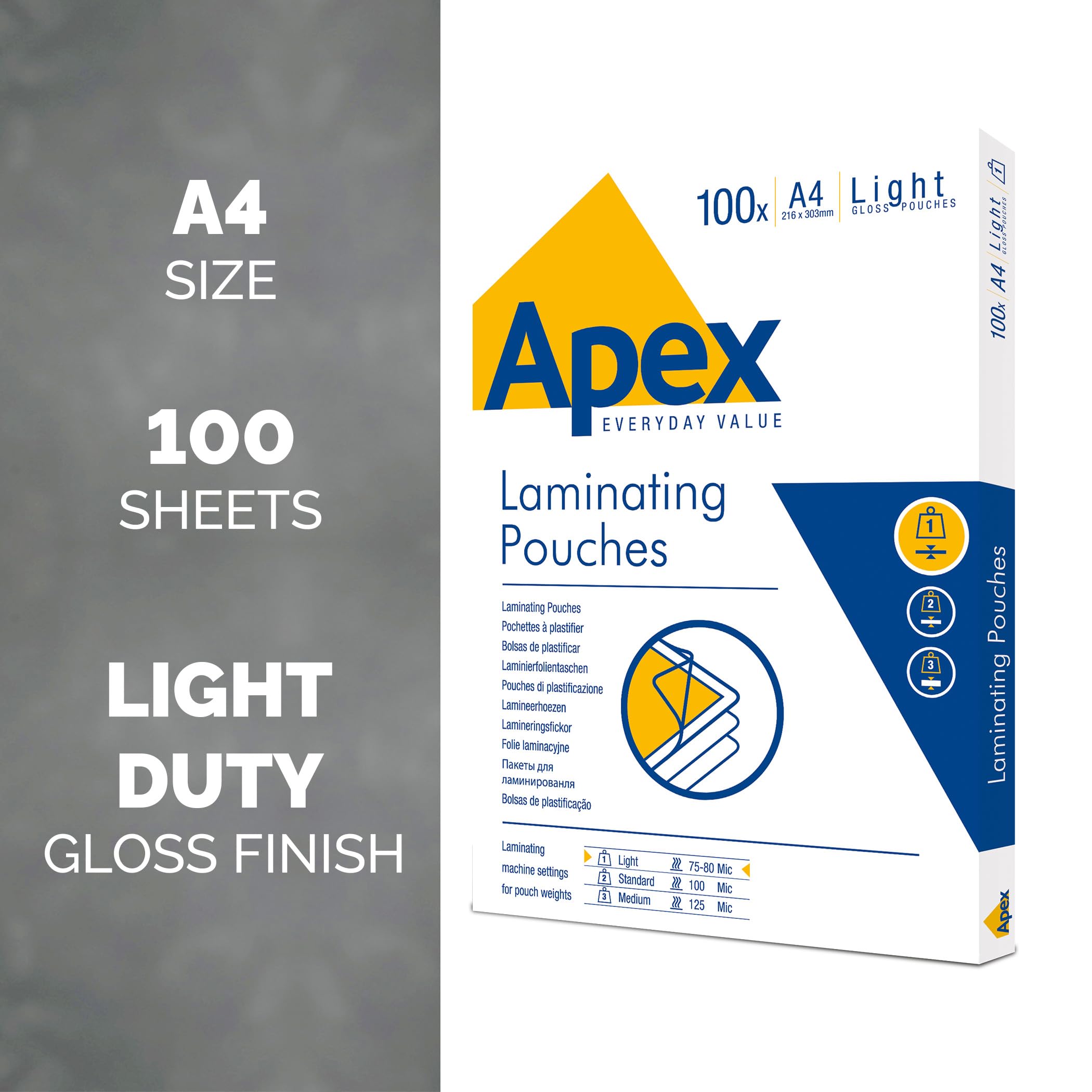 Fellowes Apex A4 Light Duty Laminating Pouches - Gloss Finish | 80 Micron | Pack of 100 2