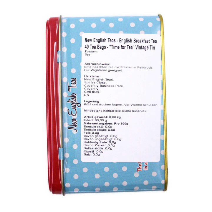 New English Teas Time for Tea - English Breakfast Tea Tin with 40 Foil-Wrapped Teabags