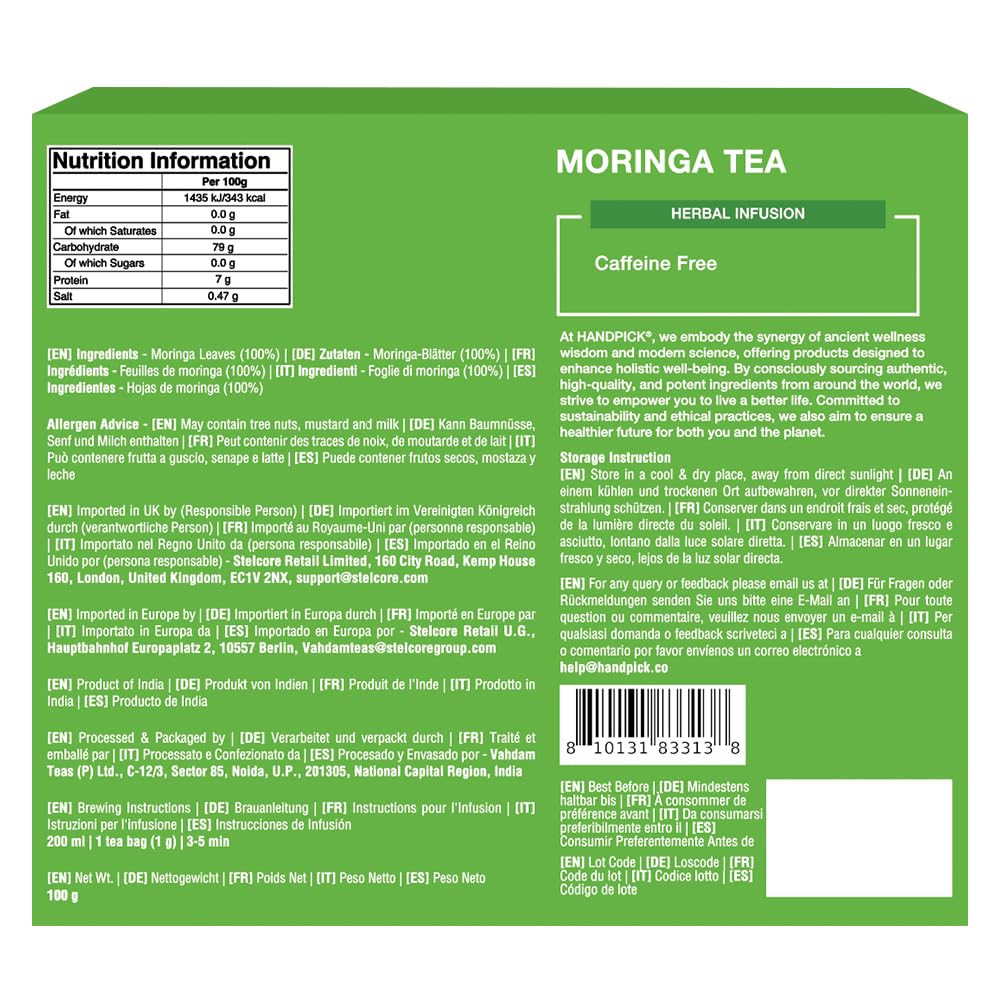 HANDPICK Moringa Tea Bags (100 Count) Non-GMO, Caffeine Free, Pure Moringa