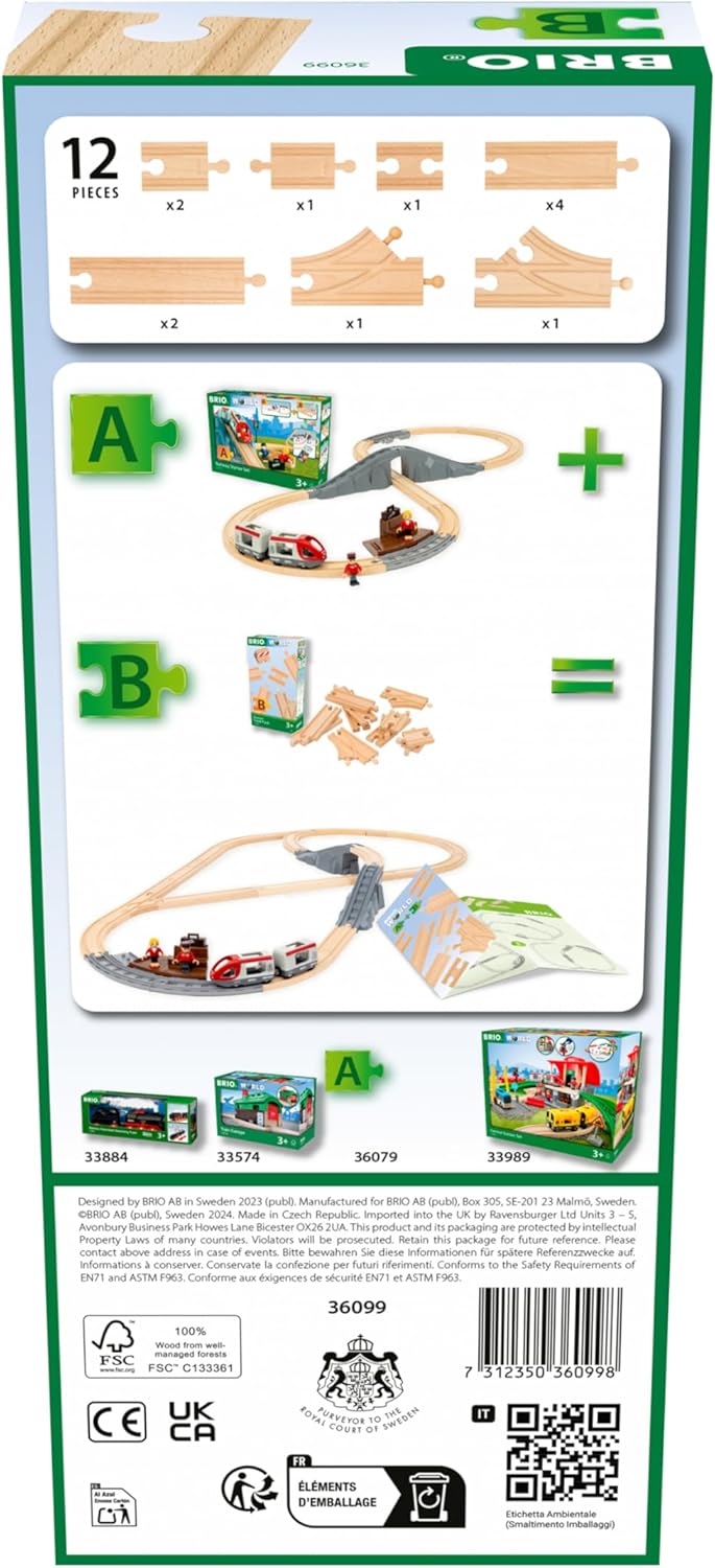 BRIO World Starter Wooden Railway Train Track Pack - 12-Piece Expansion Set for Kids 7