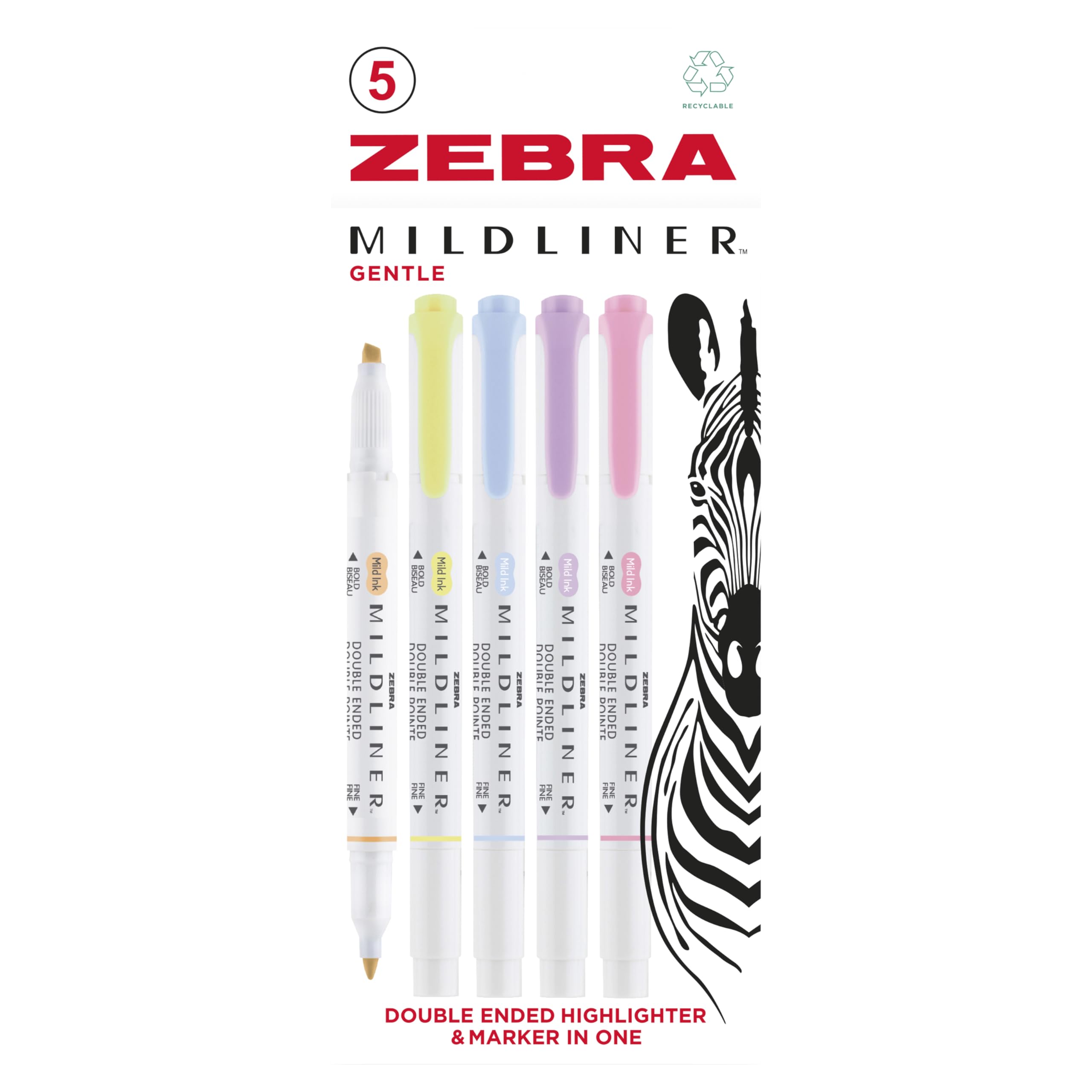 Zebra Pen MILDLINER Dual Tip Highlighters & Colouring Pens - Gentle 5pk | Water-Resistant Ink