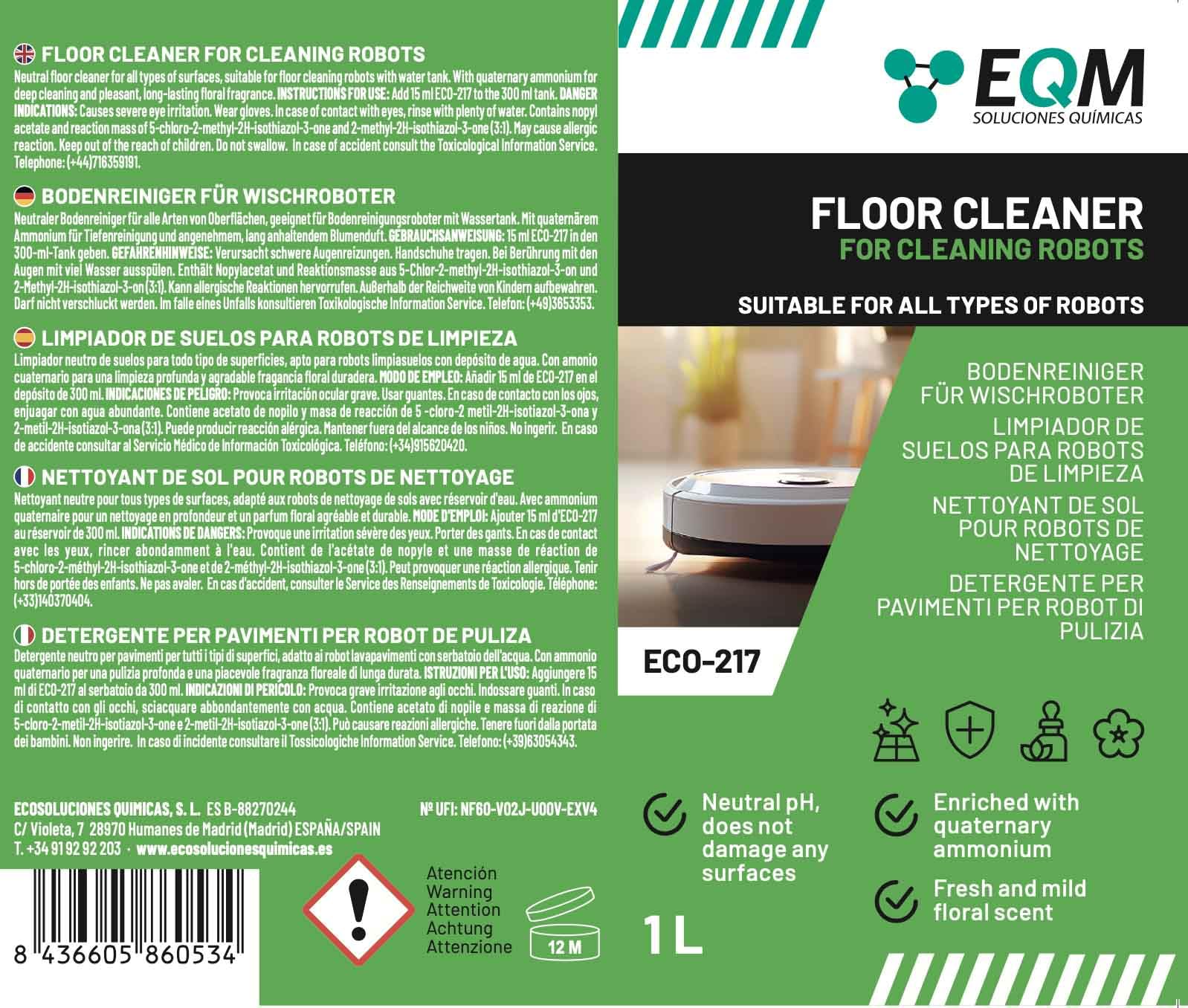 EQM SOLUCIONES QUIMICAS ECO-217 Floor Cleaner for Wiping Robots | 1L | Neutral pH | Floral Scent 8