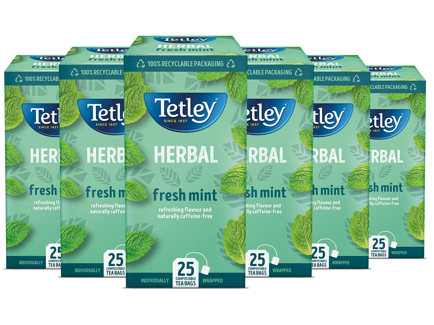 Tetley Fresh Mint Herbal Tea Bags - Peppermint & Spearmint Blend | Caffeine-Free | 6 x 25 Count (150 Bags Total) 1