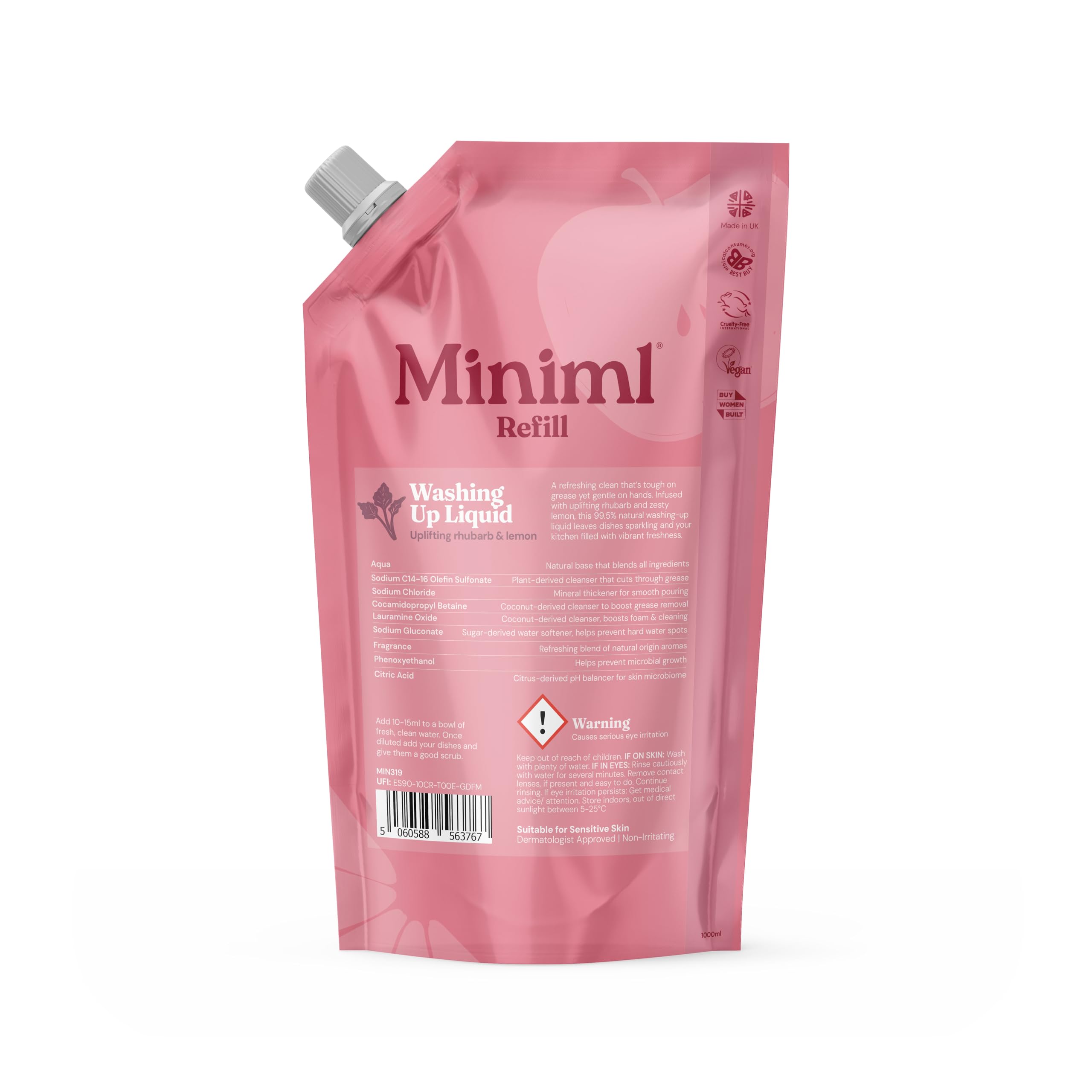 Miniml Eco Washing Up Liquid Refill - 1L Wild Rhubarb & Lemon | Plant-Powered, Skin Sensitive 1