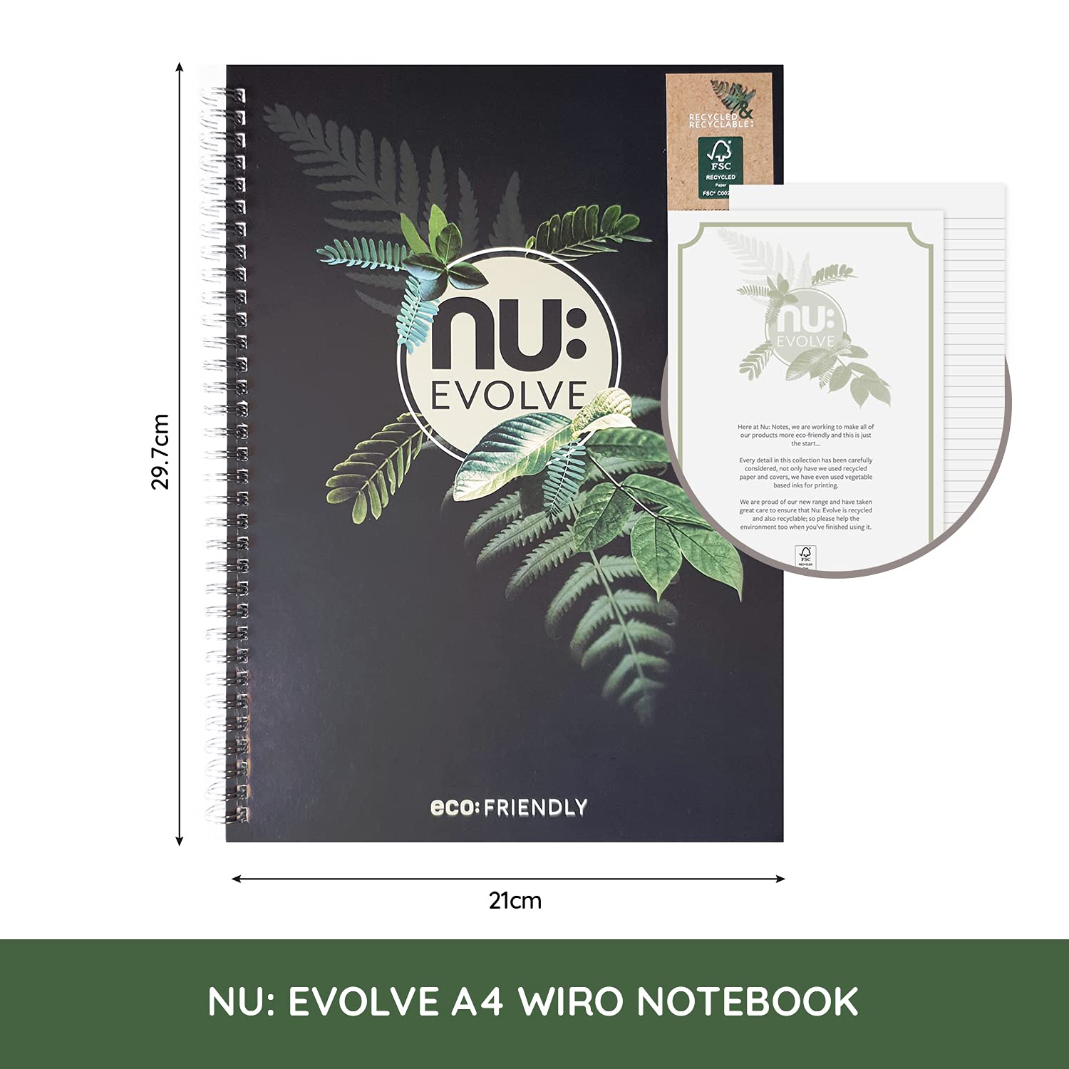 nu: Evolve Recycled Wirebound Notebook - A4 Size, Ruled Pages, Soft Cover | 80gsm Paper