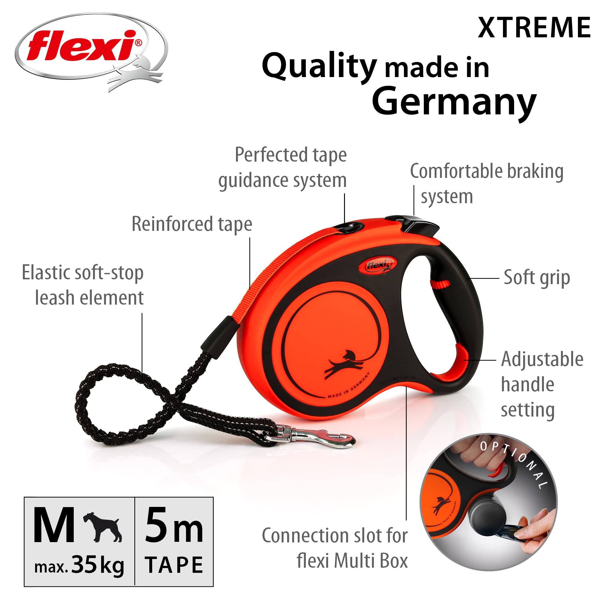 flexi Xtreme M Retractable Dog Lead - 5m Tape, 35kg Max, Orange/Black 2