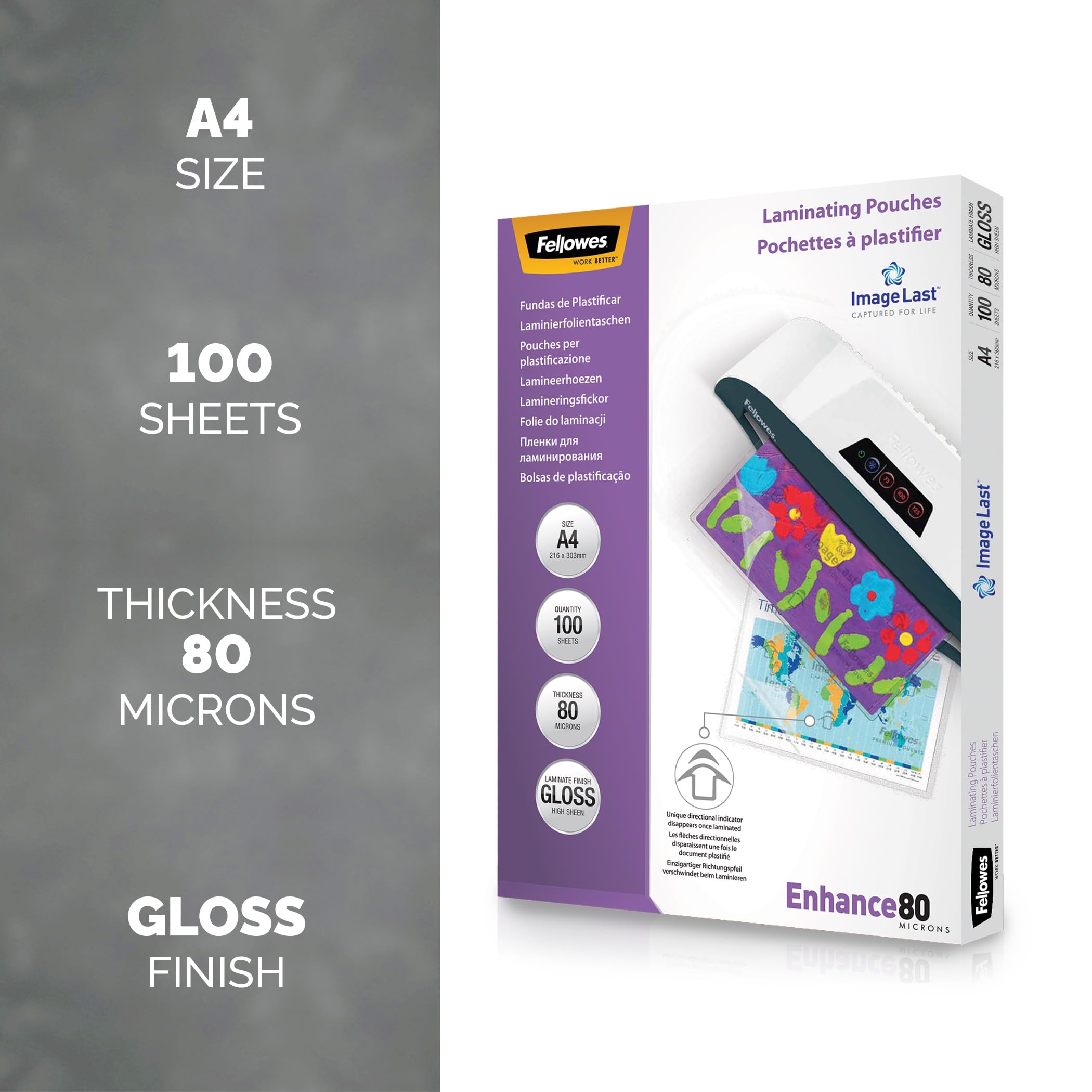 Fellowes A4 Laminating Pouches, 160 Micron (2 x 80 Micron), Gloss Finish, Pack of 100 2
