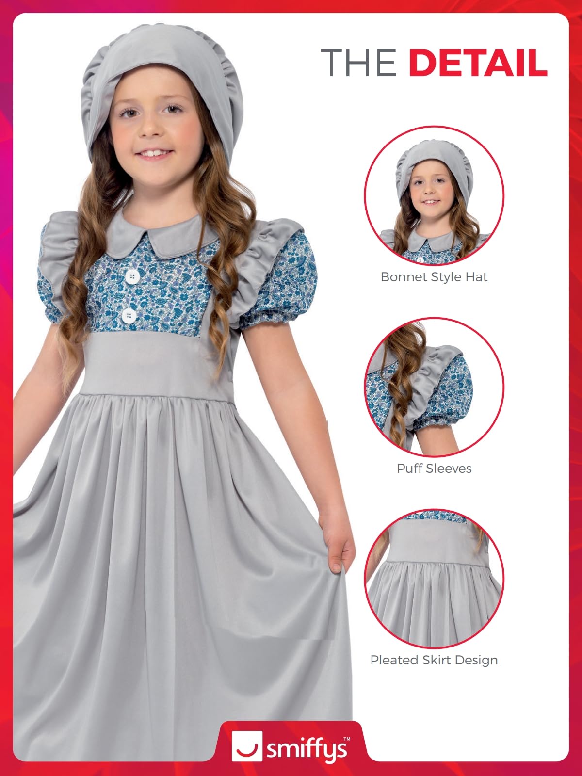 Smiffys Victorian School Girl Costume - Grey Dress & Hat for Ages 4-6 4