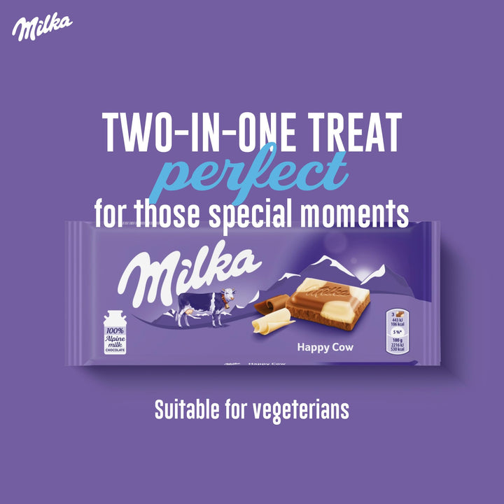 Milka Happy Cows Alpine Milk and White Chocolate Bar, Chocolate Harmony, 90g