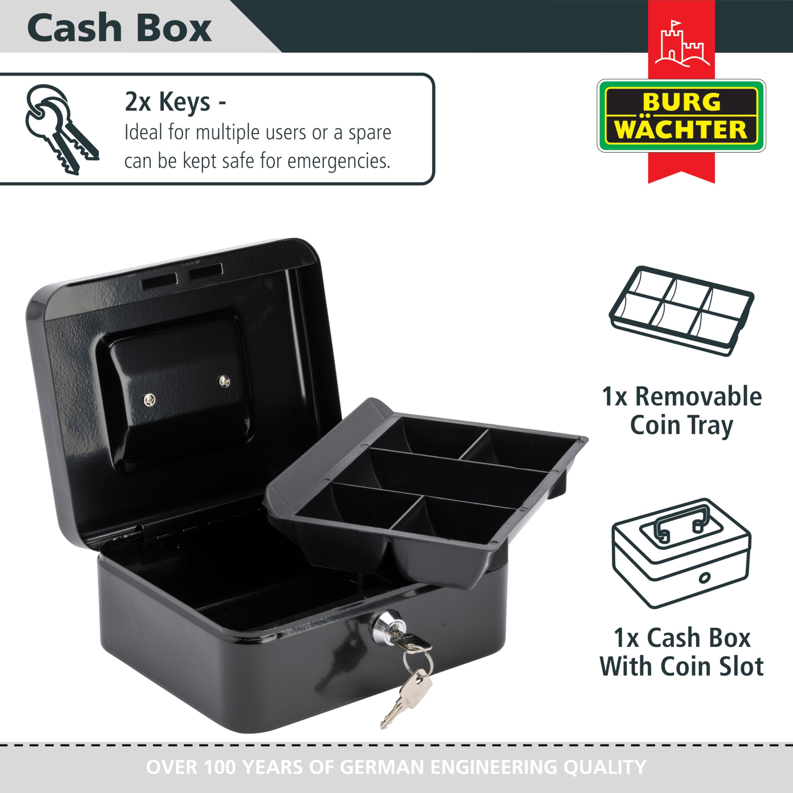 Burg-Wächter CB03GR Money 5025 Cash Box - 10' Size | Black Metal | Key Lock 5