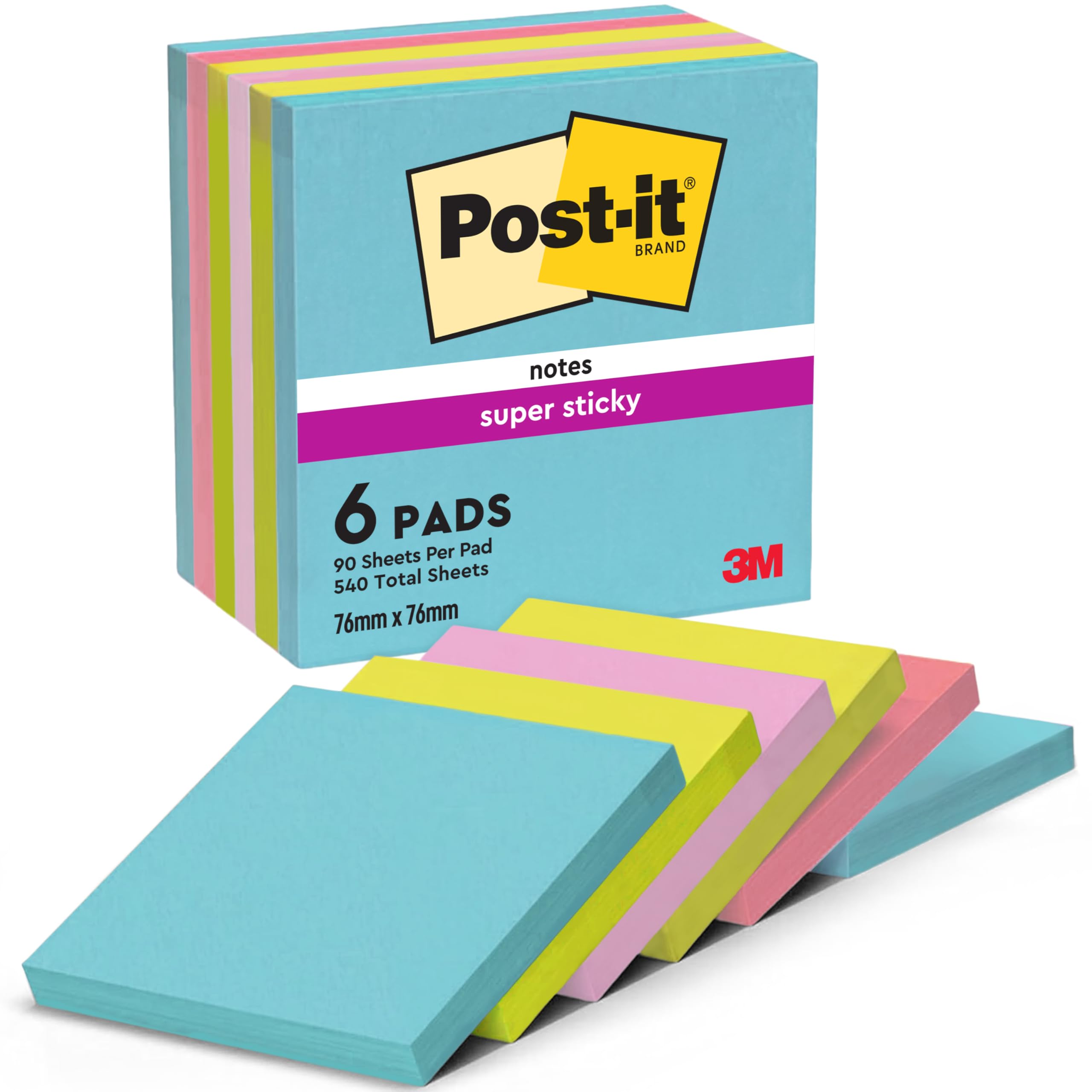 Post-it Super Sticky Notes - Cosmic Colour Collection | 76x76mm | 6 Pads of 90 Sheets 1