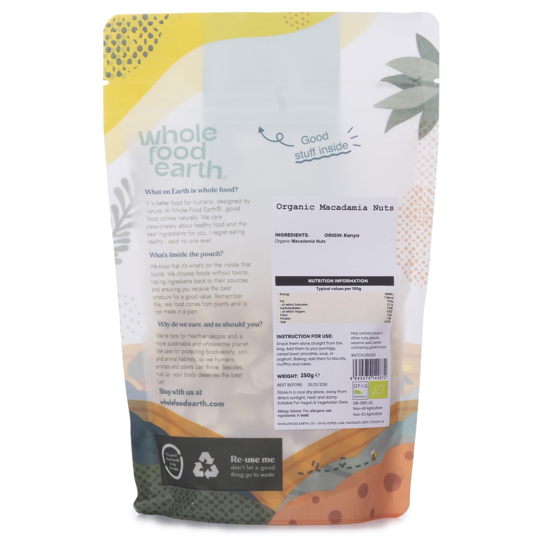 Organic Raw Macadamia Nuts 250g | GMO Free | Vegan | High in Protein & Fiber | Wholefood Earth