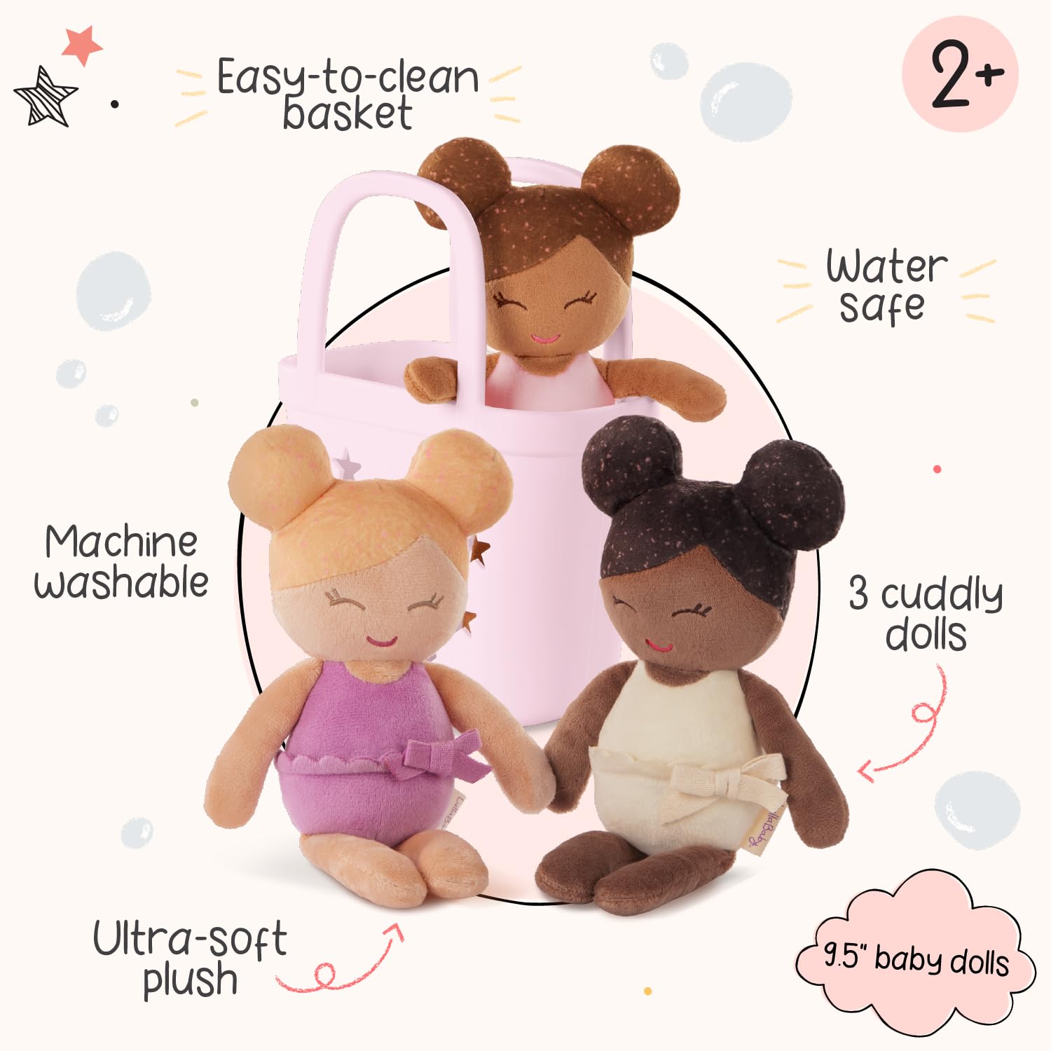 LullaBaby Washable Bath Dolls Set - 3-Piece, 9-Inch, Water-Safe for Ages 2+ 4