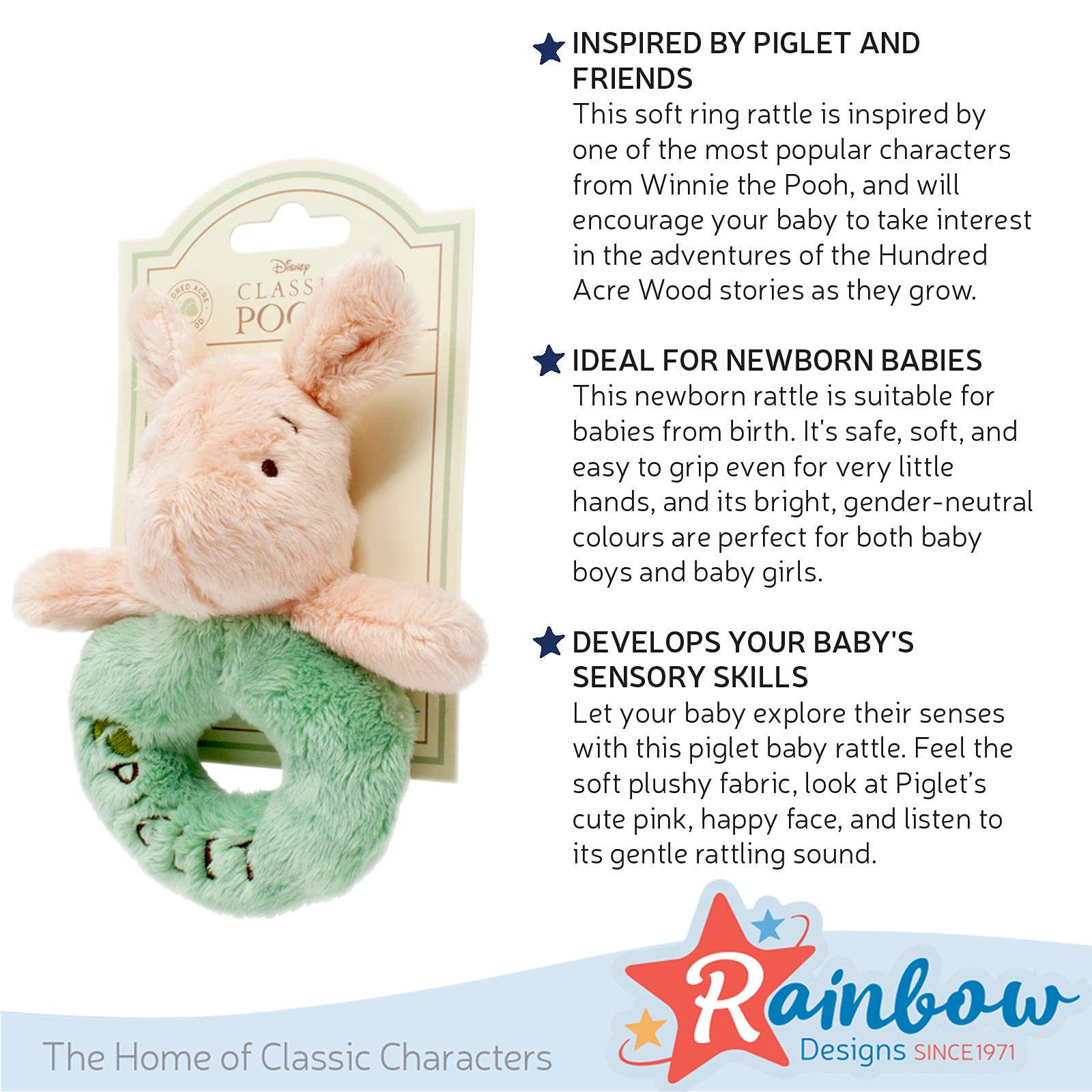Rainbow Designs Official Disney Winnie The Pooh Piglet Soft Ring Rattle for Newborns | Plush | Pink 4