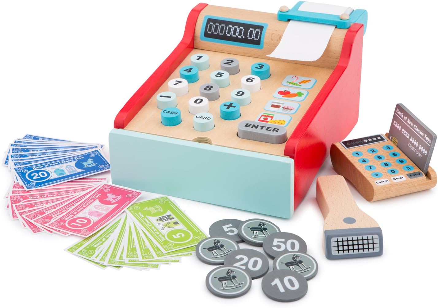 New Classic Toys Bon Appetit Wooden Cash Register Set Pretend Play Toy for Kids 3 Years and Up 5