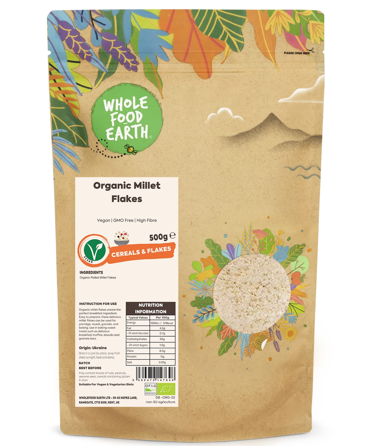 Wholefood Earth Organic Millet Flakes – 500g | Vegan | GMO Free | High Fibre | Recyclable Packaging 1