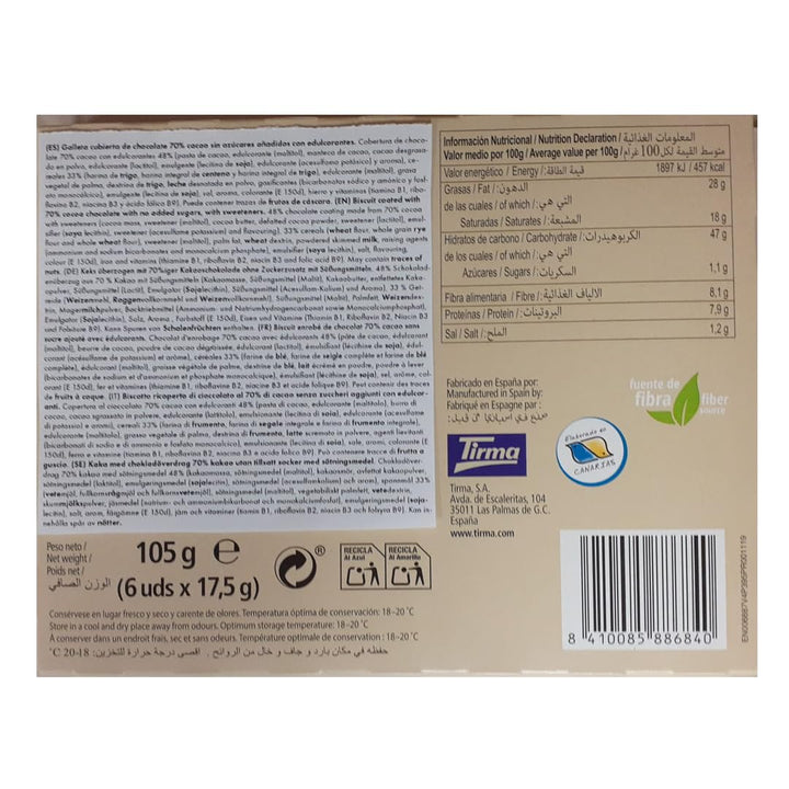 Tirma BeZero Dark Chocolate Dipped Light Biscuits | No Added Sugars, 80 kcal Each | 6 Individually Wrapped Snacks