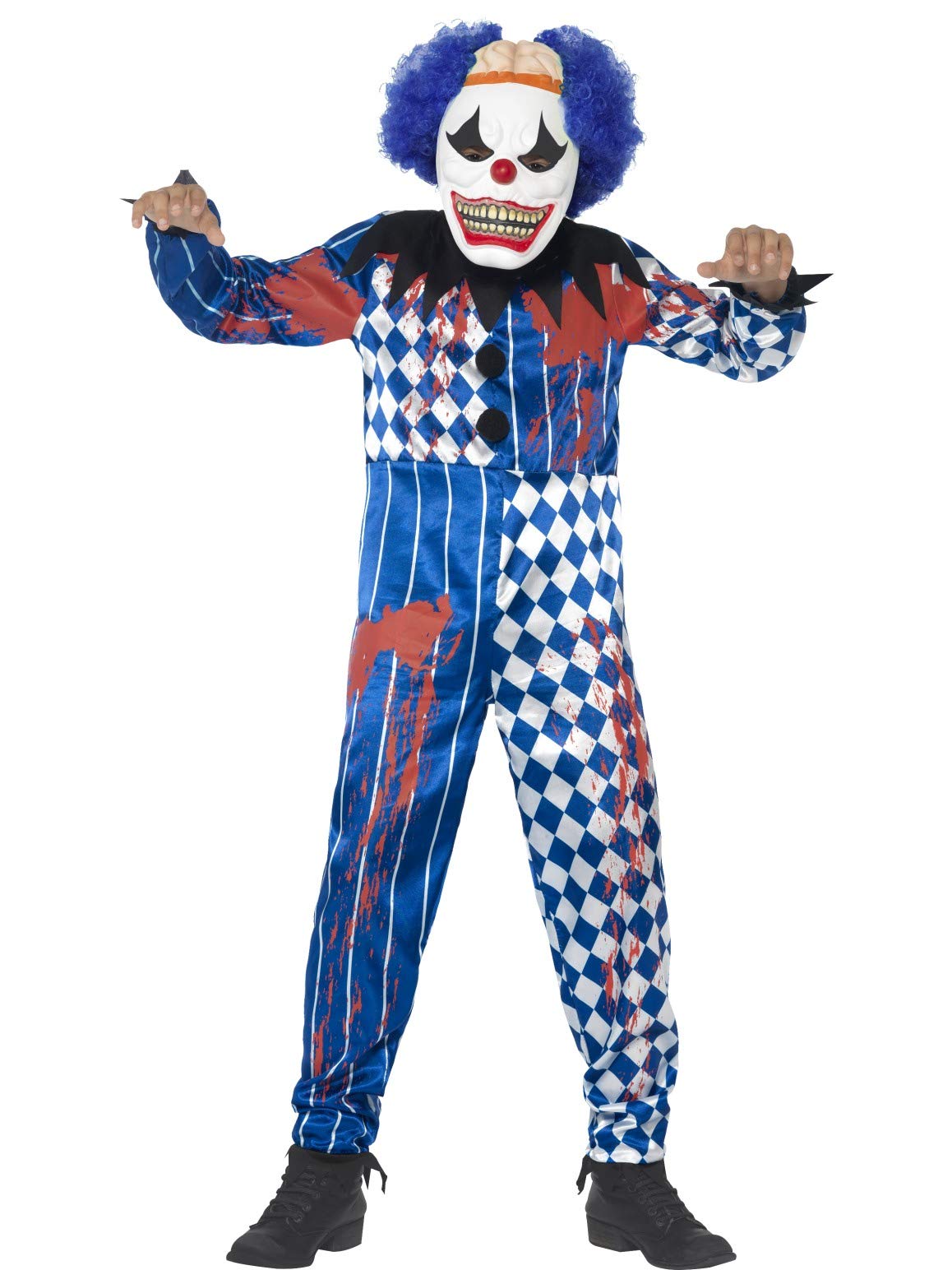Smiffys Deluxe Sinister Clown Costume - Blue Jumpsuit with EVA Mask, Attached Brain & Hair, Ages 7-9 1