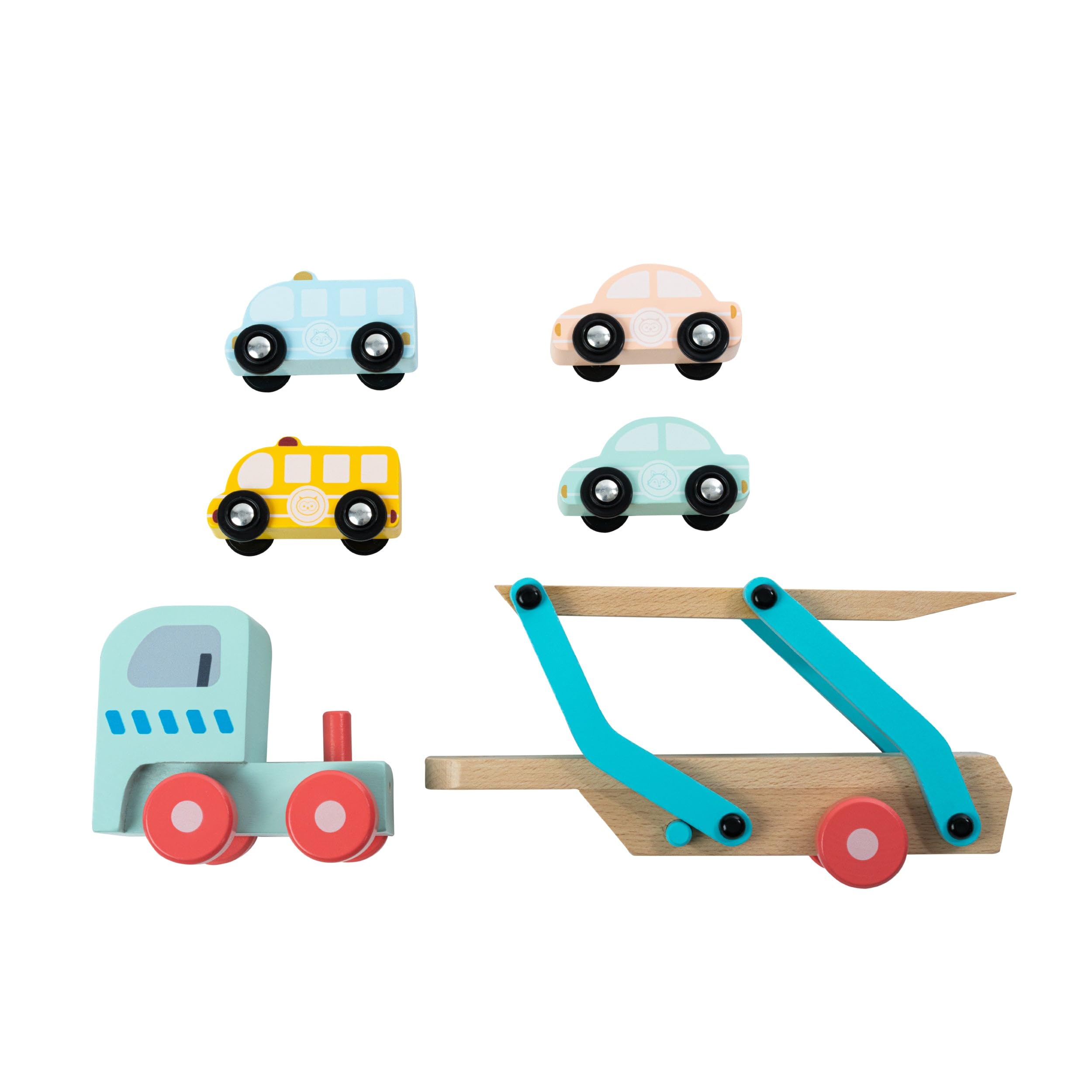Owl & Fox Wooden Toy Car Transporter with Lorry, Trailer, and 4 Cars 4