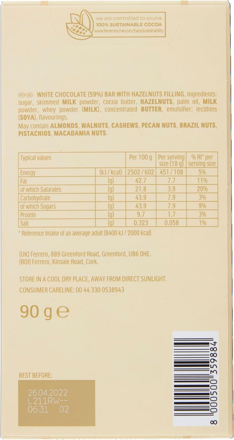 Ferrero Rocher Weiße Schokoladentafel mit knusprigen Haselnüssen – Schokoladen-Geschenk-Snack 90 g 6