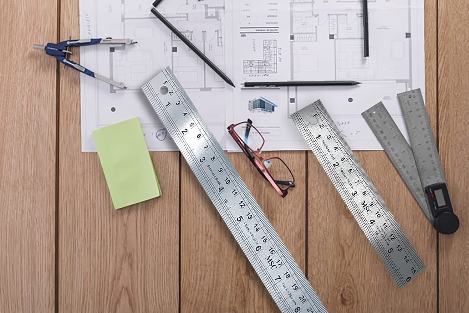 MSC Stainless Steel Ruler Set - 15cm & 30cm Metric/Imperial | Shatterproof Straight Edge 5