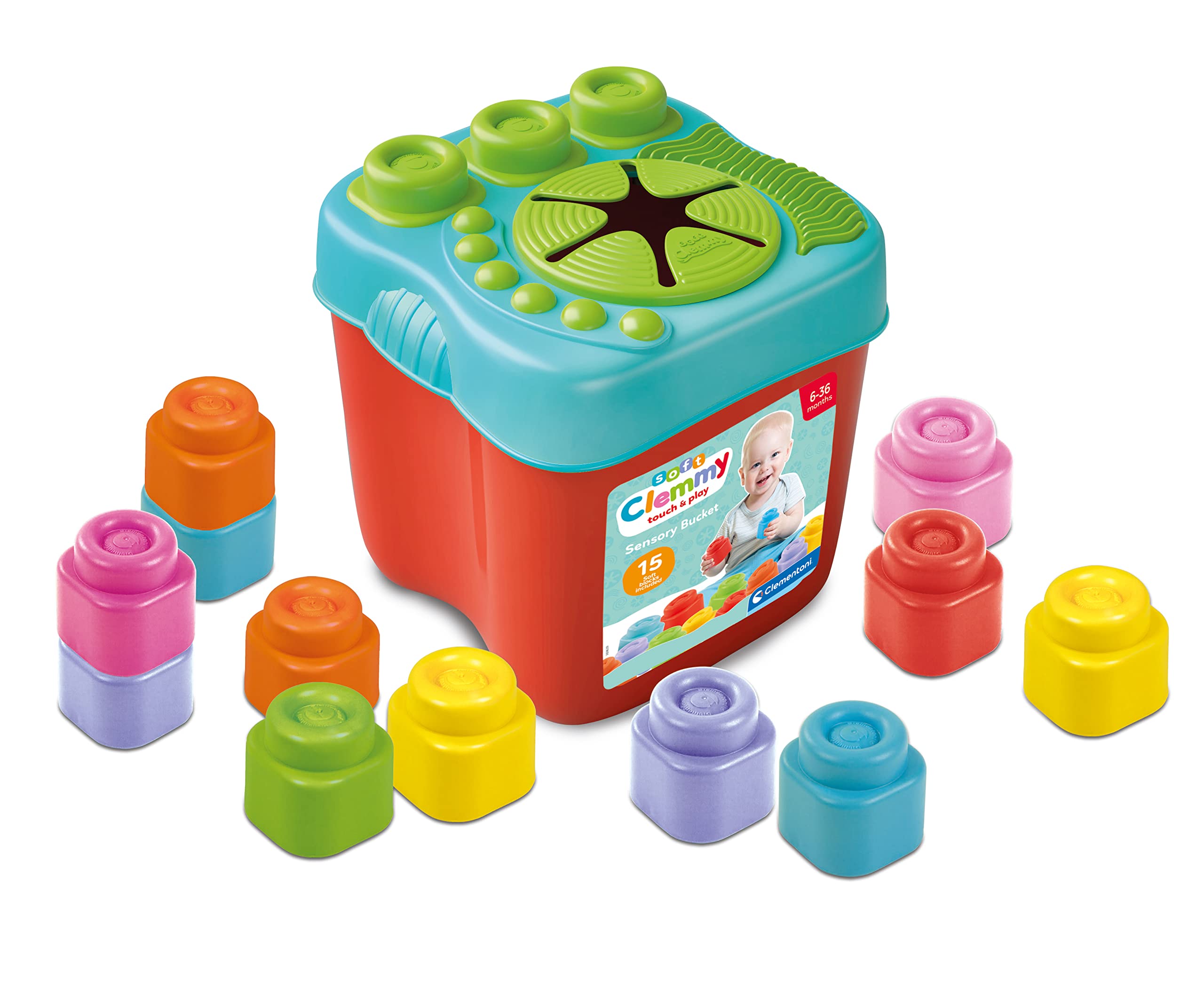 Clementoni Clemmy Sensory Bucket with Soft Blocks - 15 Pieces | Ages 6-36 Months | Multi-color 3