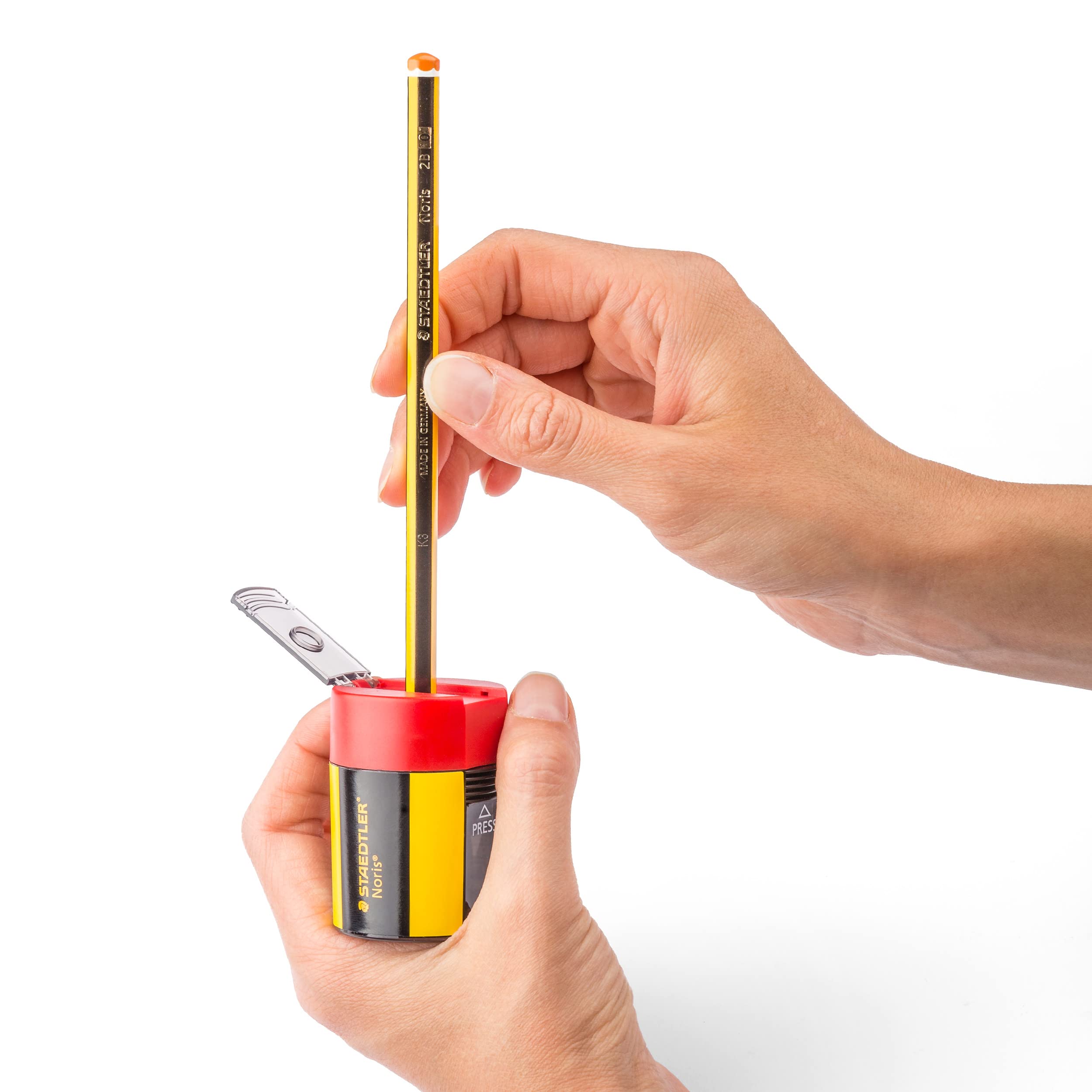 STAEDTLER Noris Design Tub Sharpener 511 004 ST | Metal Insert | Hinged Cover | Red 4
