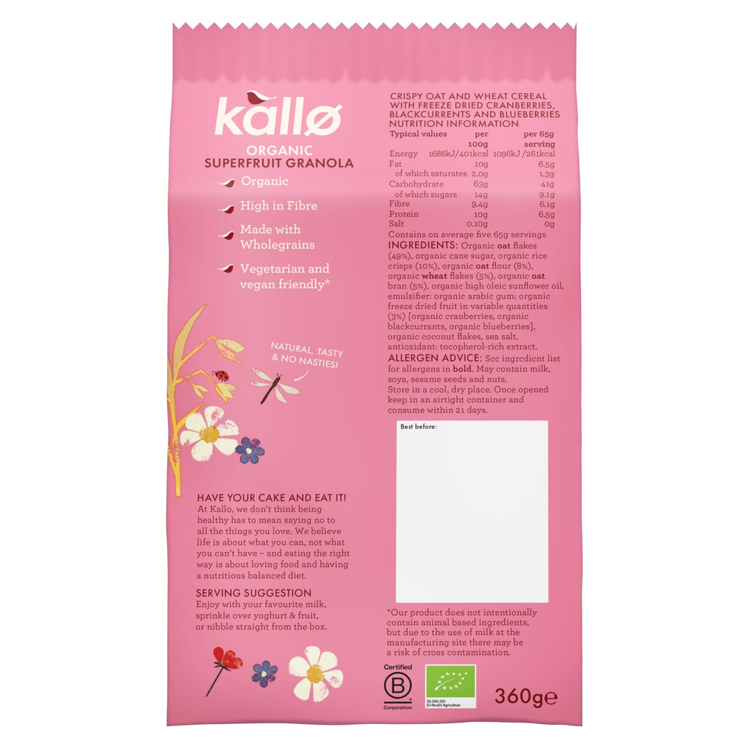 Kallo Crunchy Superfruit Granola, 360g – Organic, Vegan, High Fibre with Blueberries, Cranberries & Blackcurrants
