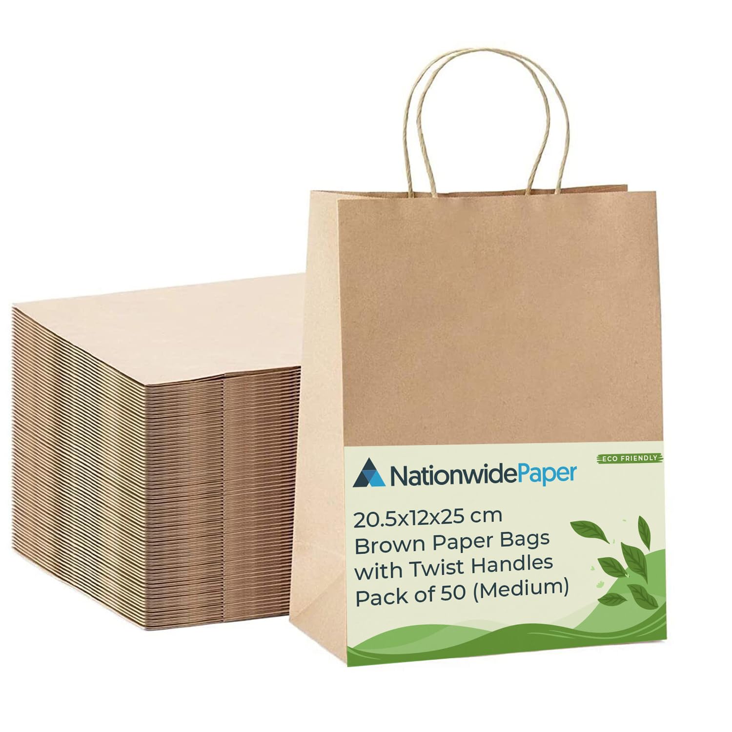 Nationwide Paper Medium Brown Kraft Paper Gift Bags with Handles - 50 Count | Eco-Friendly & DIY Ready