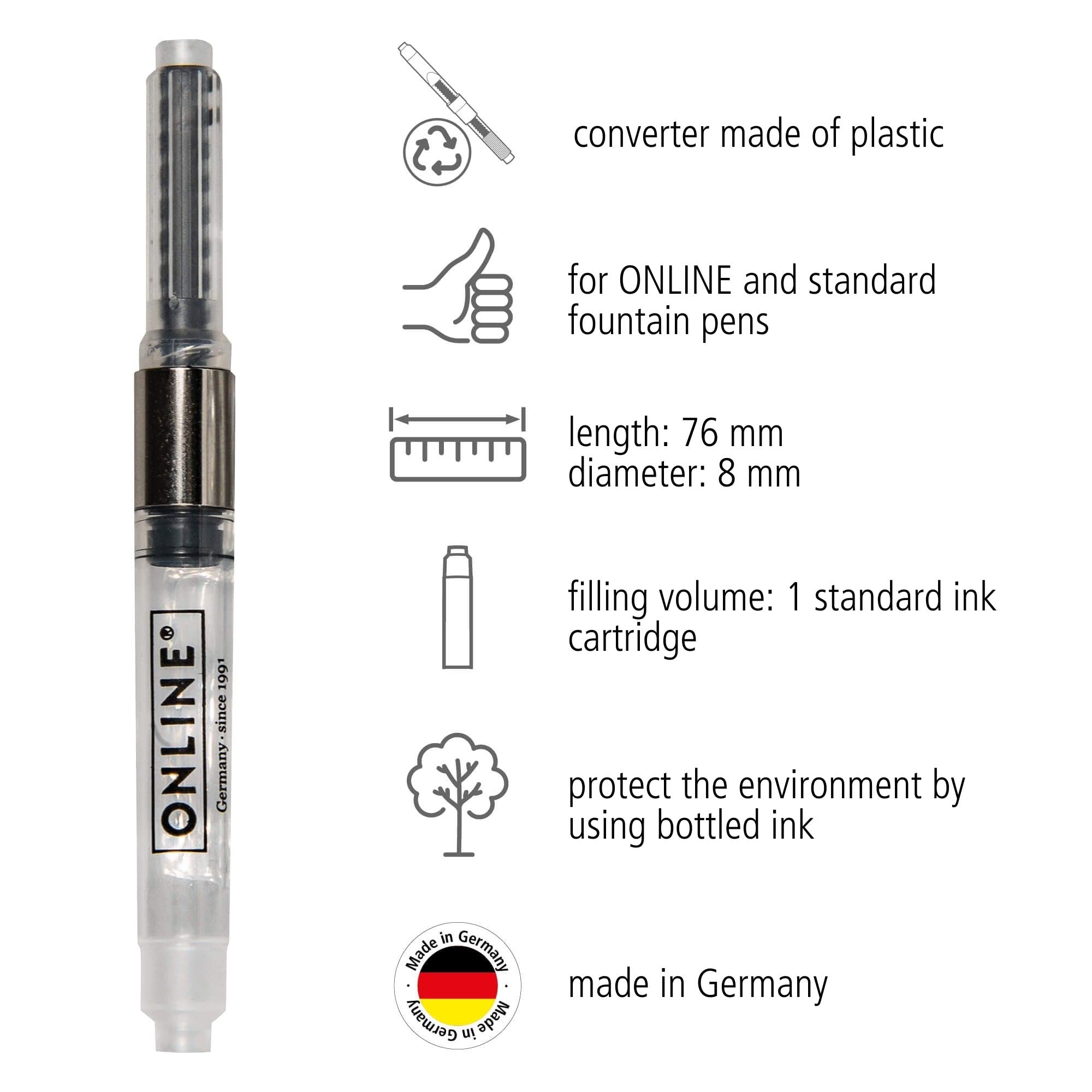 Online Standard Ink Converter for Fountain Pens - Crystal Clear Plastic, Universal Size | 70x8x8mm 3