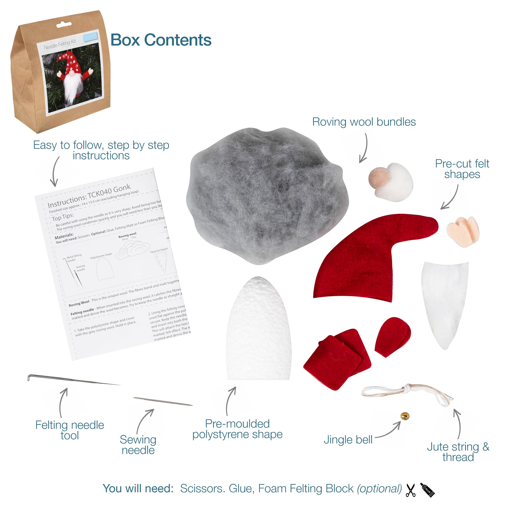 Trimits Needle Felting Craft Kit - Gonk Christmas Design with Wool, Needle & Instructions 9