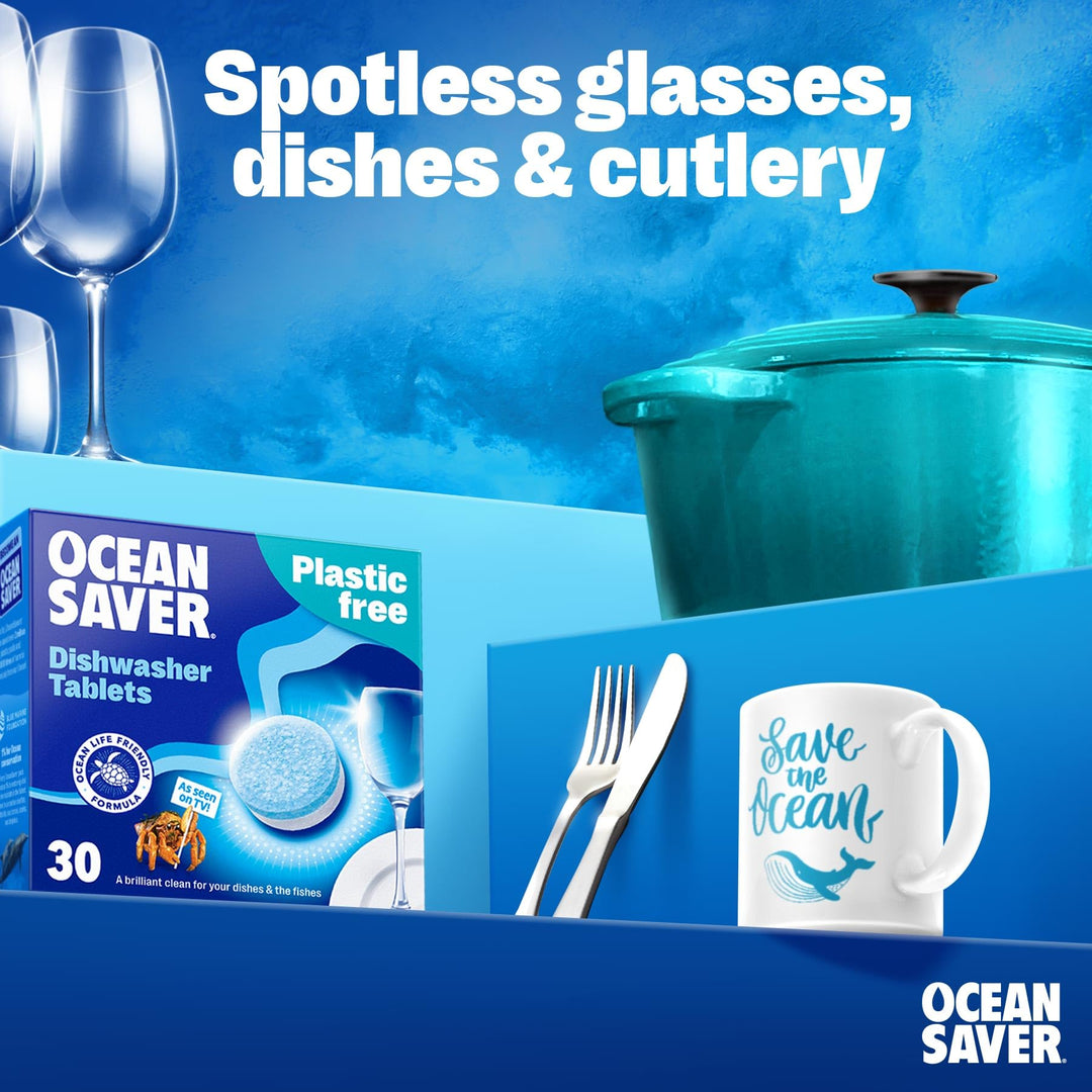 OceanSaver Eco-Friendly Dishwasher Tablets - Pack of 30, Non-Toxic, Plastic-Free & Fully Dissolvable with Rinse Aid & Dishwasher Salt