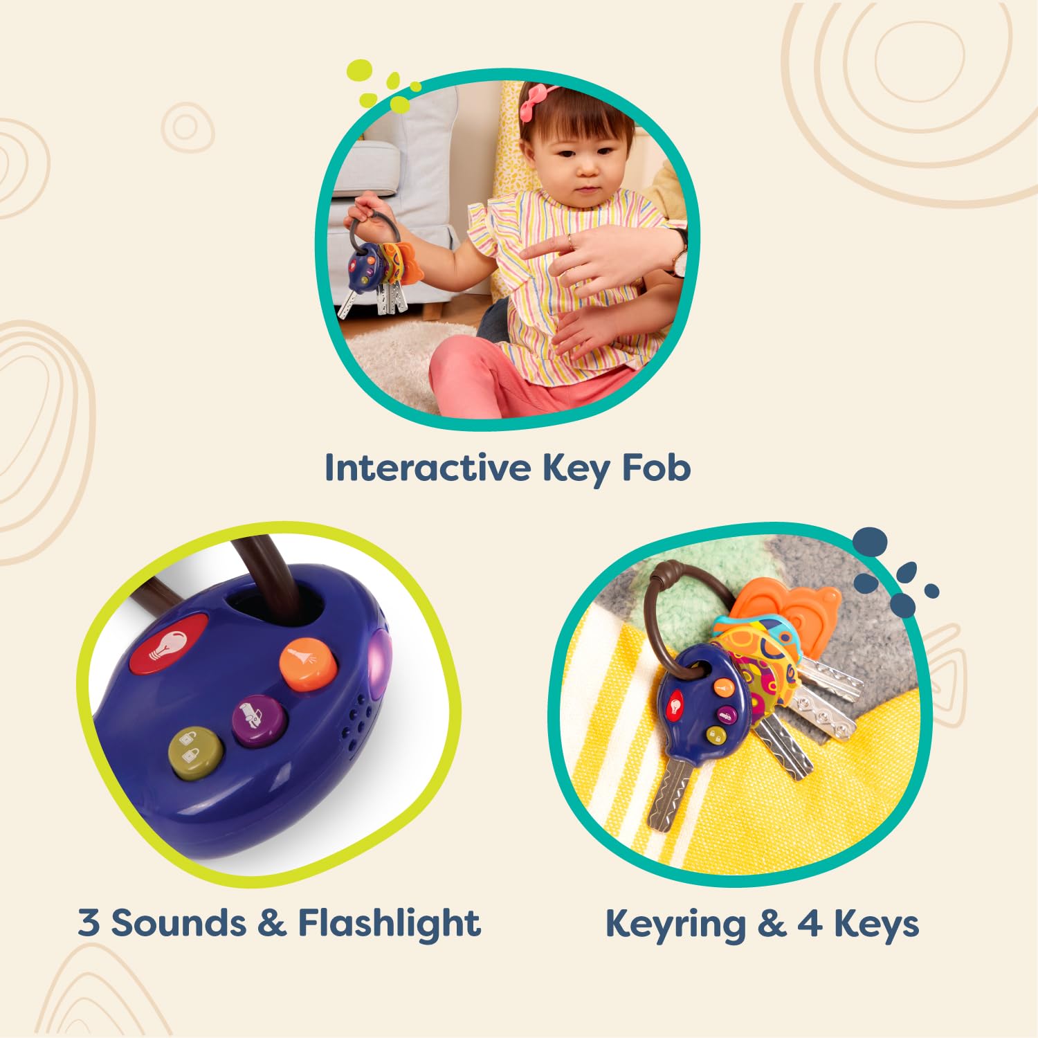 B. toys LucKeys - 4 Textured Toy Car Keys with Flashlight & Sounds for Toddlers - Blue 8