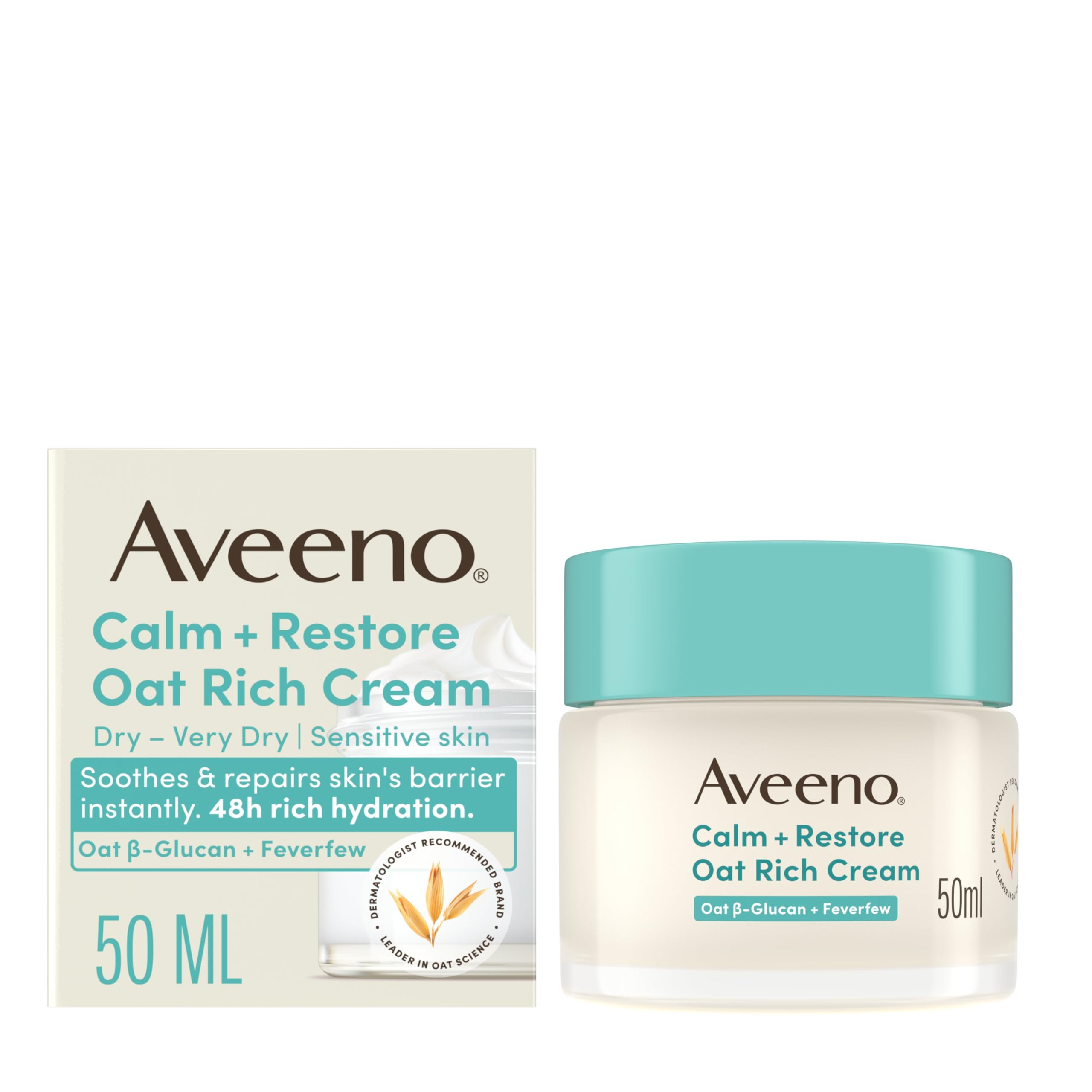 Aveeno Calm + Restore Oat Rich Cream for Dry/Very Dry Sensitive Skin | 48H Hydration | 50 ml 1