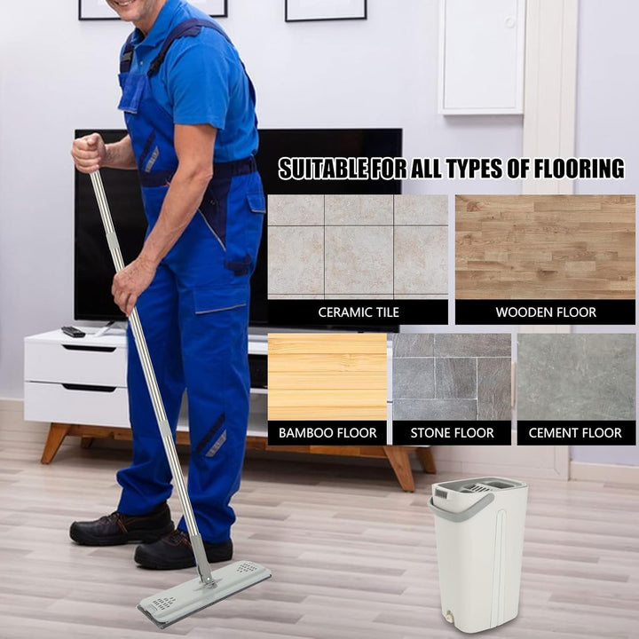 ASelected - Flat Mop and Bucket Set with Hands-Free Squeeze, 10 Reusable Microfiber Pads, Stainless Steel Handle