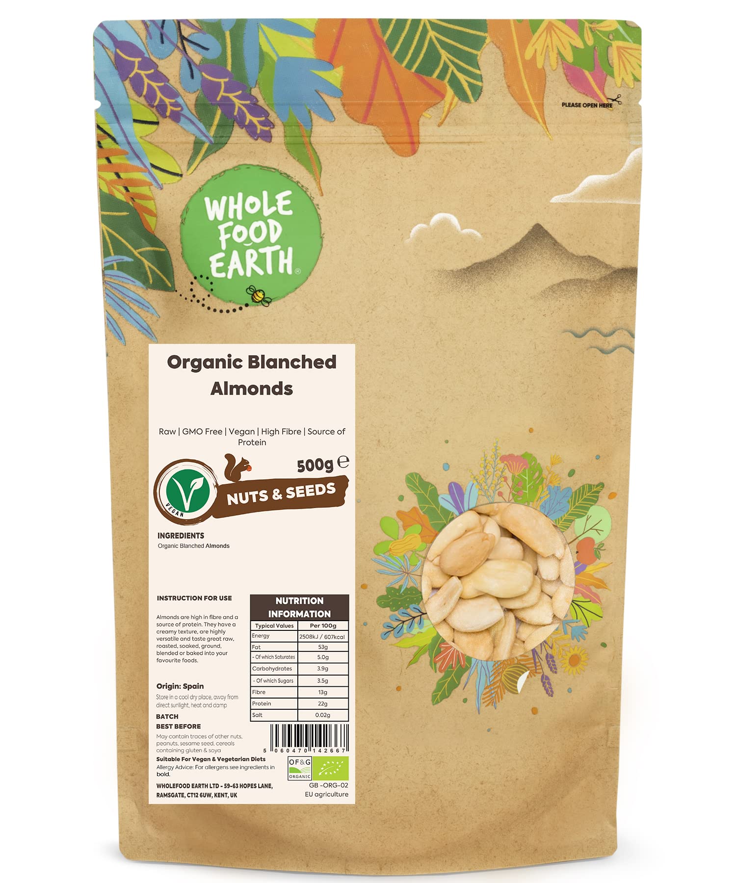 Organic Blanched Almonds 500g | Raw | GMO Free | Vegan | Certified Organic by Wholefood Earth 1