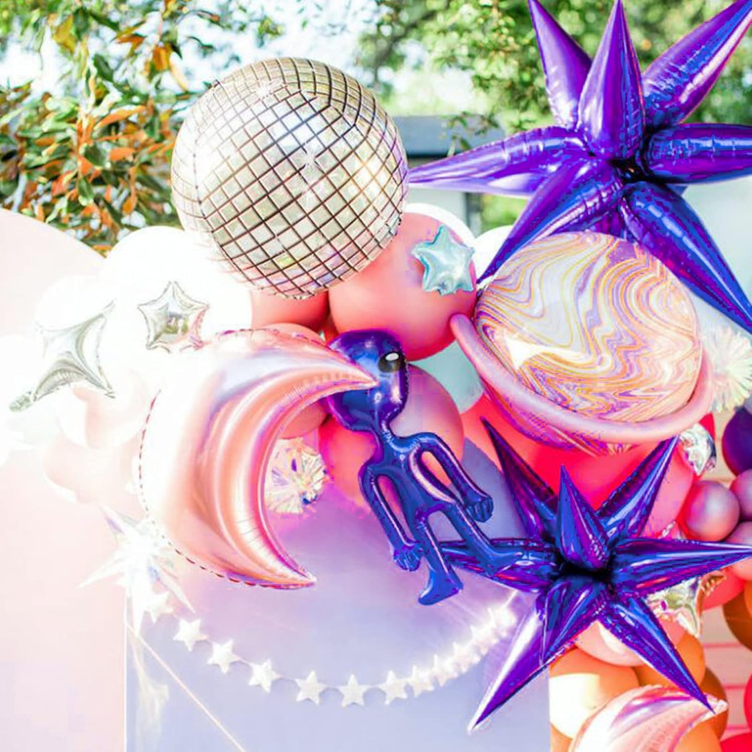 PartyWoo - Purple Star Balloons 6 pcs, One-Piece 14-Pointed Starburst Foil Balloons 27 & 22 inch with Ribbon 3