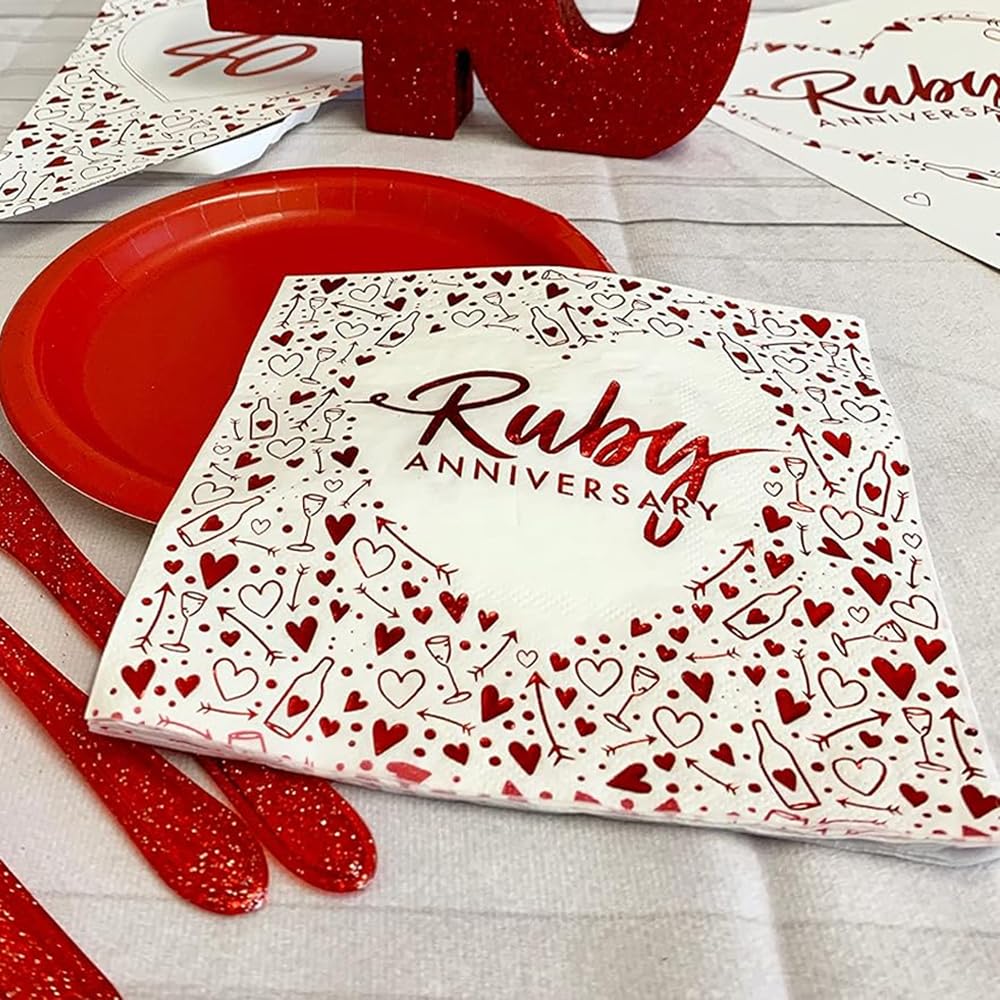 Anniversary House Ruby 40th Anniversary Lunch Napkins - 3 Ply Paper | 16 Count | 13 Inch 6