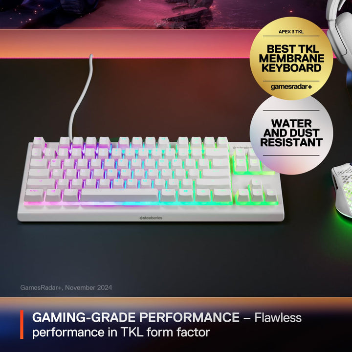 SteelSeries Apex 3 TKL White RGB Gaming Keyboard - UK Layout - 8-Zone RGB - Whisper-Quiet Switches - Water Resistant