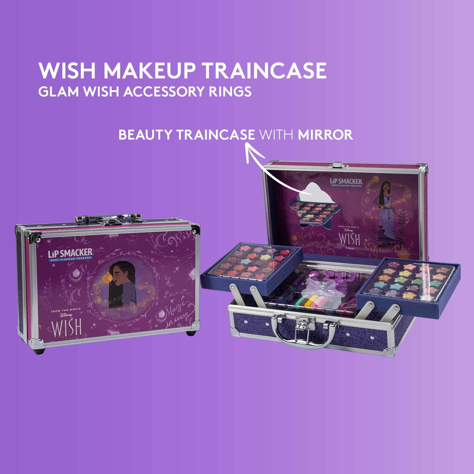 Lip Smacker Disney Wish Makeup Traincase for Kids, Multicolor Plastic Cosmetic Case with 20 Lip Glosses, 20 Eyeshadows, 2 Nail Polishes & Accessories 10
