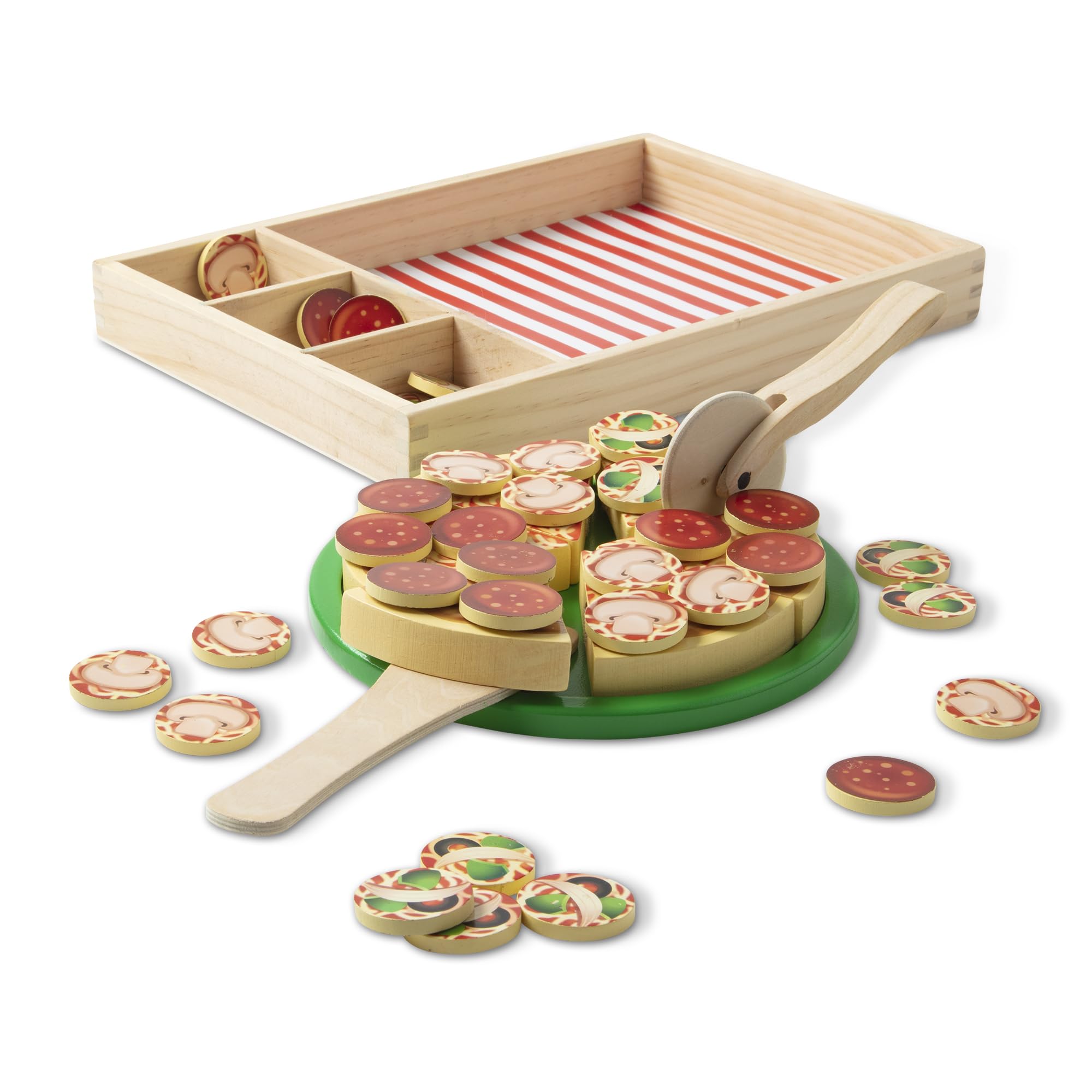 Melissa & Doug Wooden Pizza Set - Sliceable Play Food with 50+ Toppings | Ages 3+
