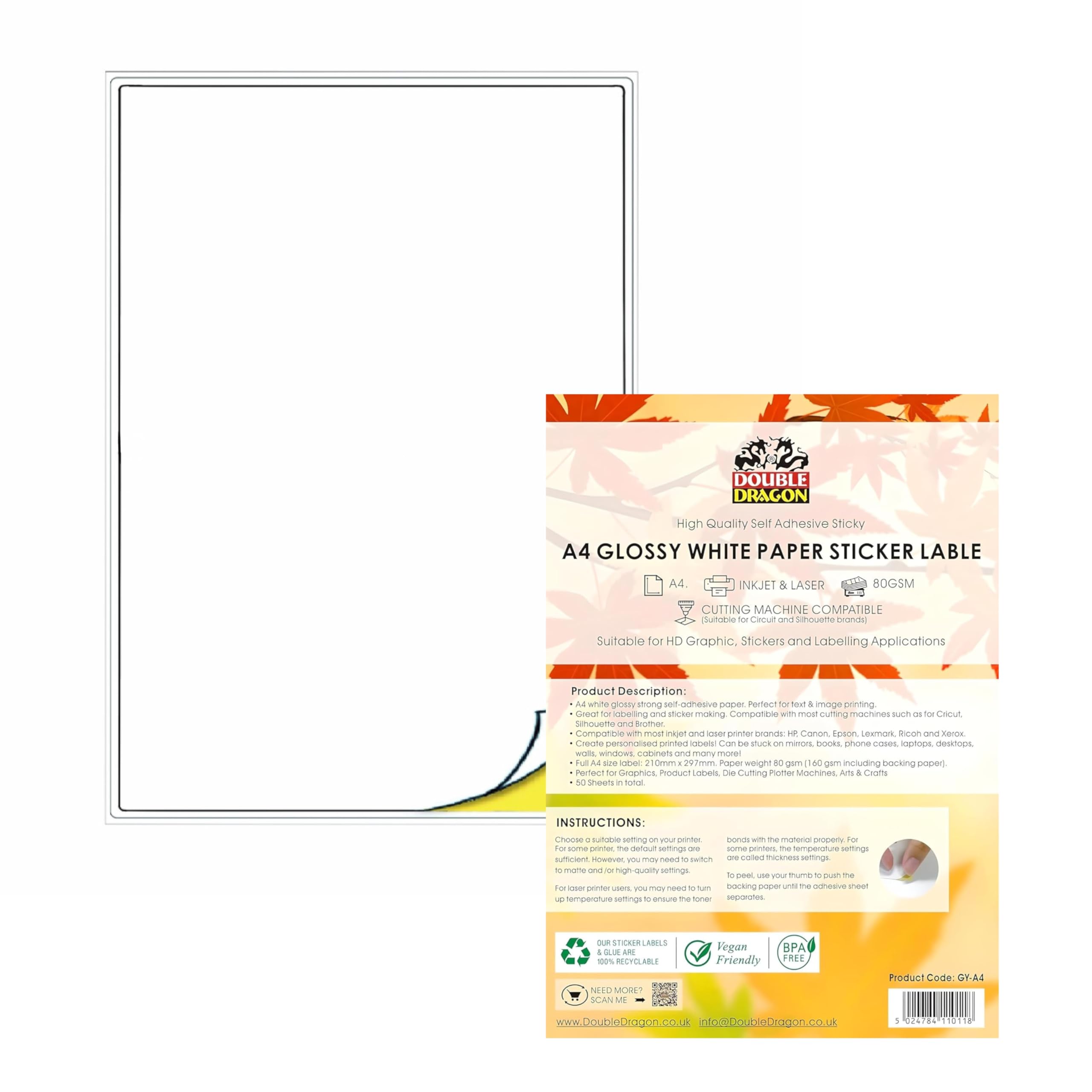 Double Dragon A4 White Matte Printer Labels - 50 Sheets Self-Adhesive Sticker Paper for Inkjet/Laser 1