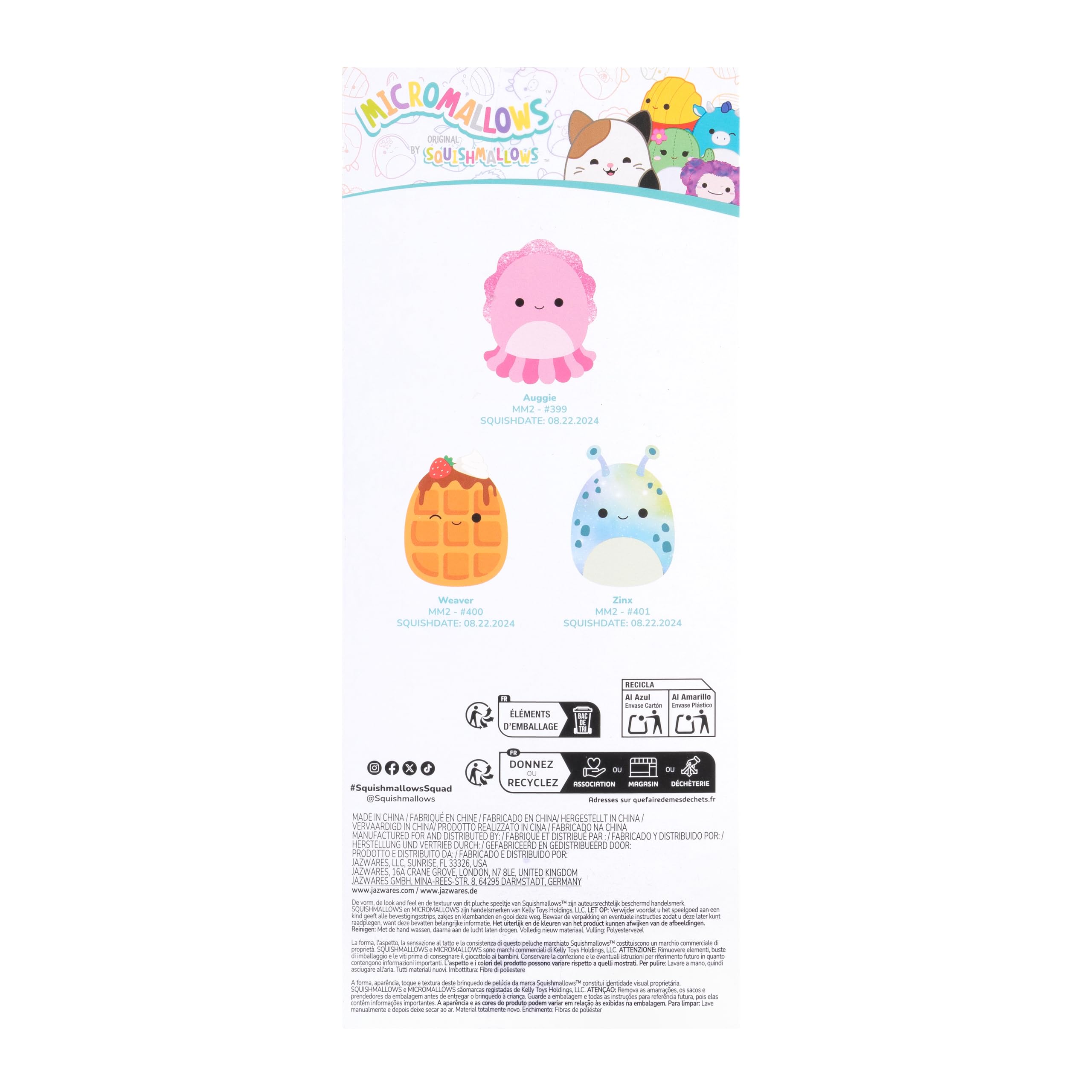 Micromallows Squishmallows 3-Pack Plush - Auggie the Cuttlefish, Zinx the Alien, Weaver the Waffle 14