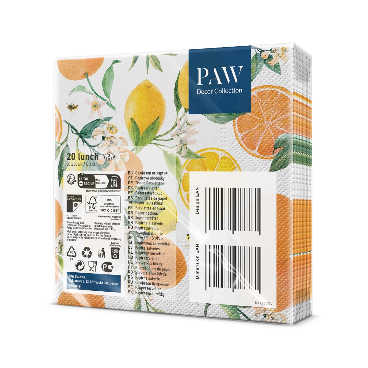 PAW Decor Collection 3-Ply Napkins - Citrus with Bees Design | 33 x 33 cm | 20 Count 2