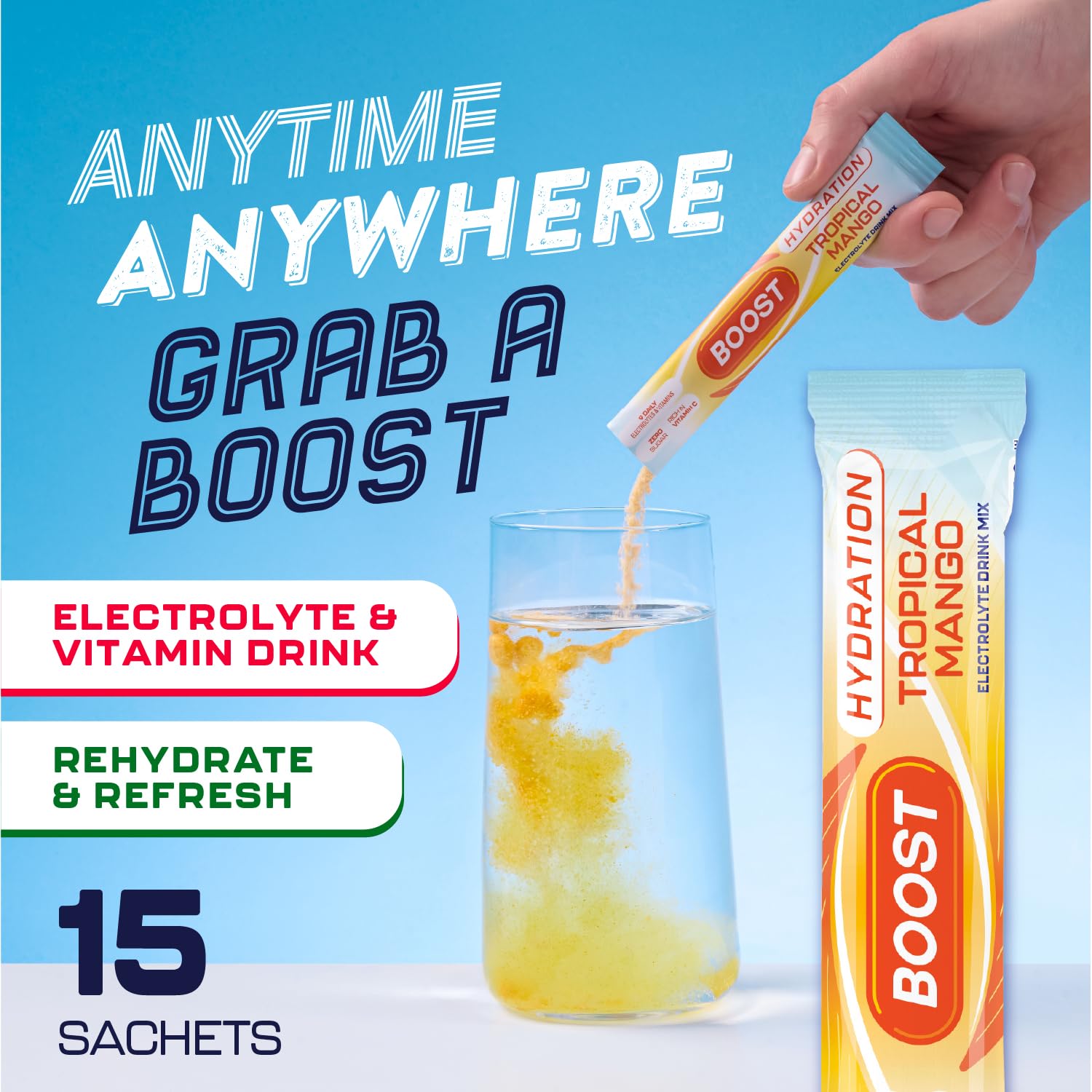Boost Hydration Electrolytes Powder - Tropical Mango Flavour | 15x Single Serve Sachets 2
