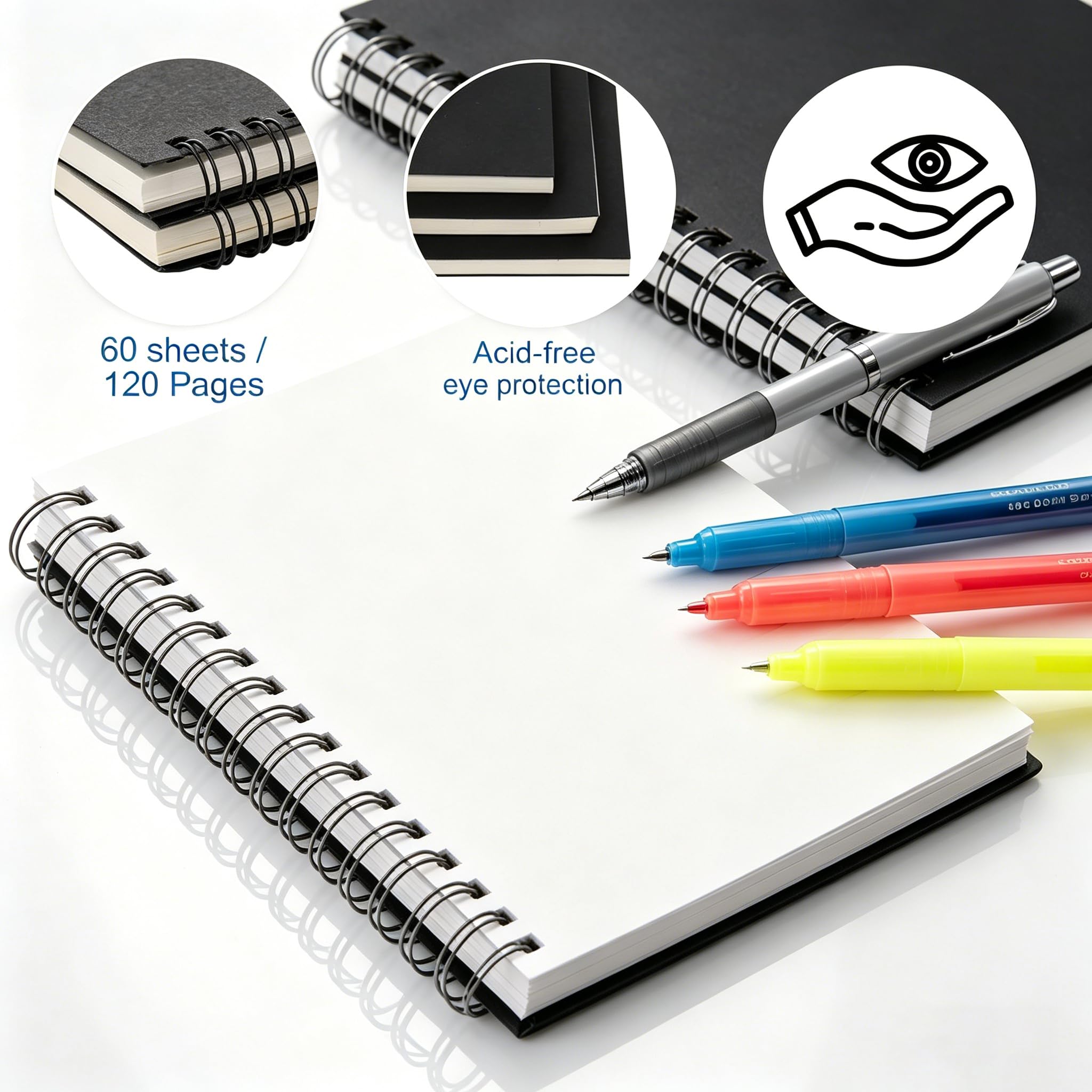 ASelected A5 Sketch Pad, 6 Pack Spiral Bound Notebooks, 60 Sheets Each, Blank Pages, Black Cover 8